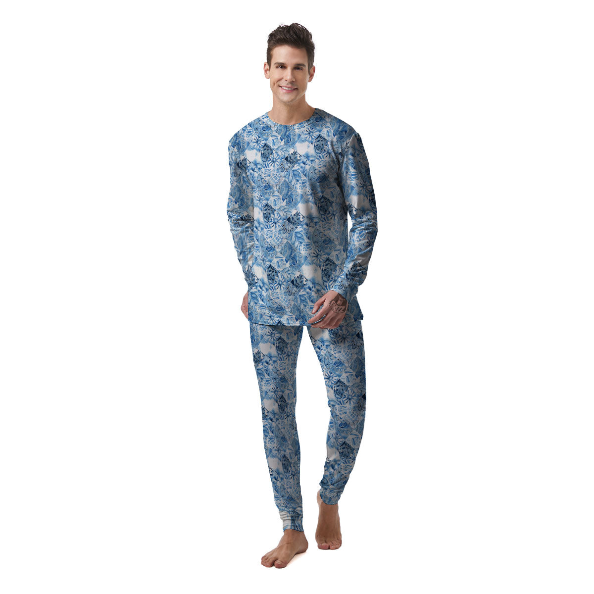 Patchwork Blue Flower Print Pattern Men's Pajamas-grizzshop
