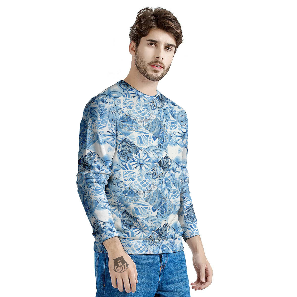 Patchwork Blue Flower Print Pattern Men's Sweatshirt-grizzshop