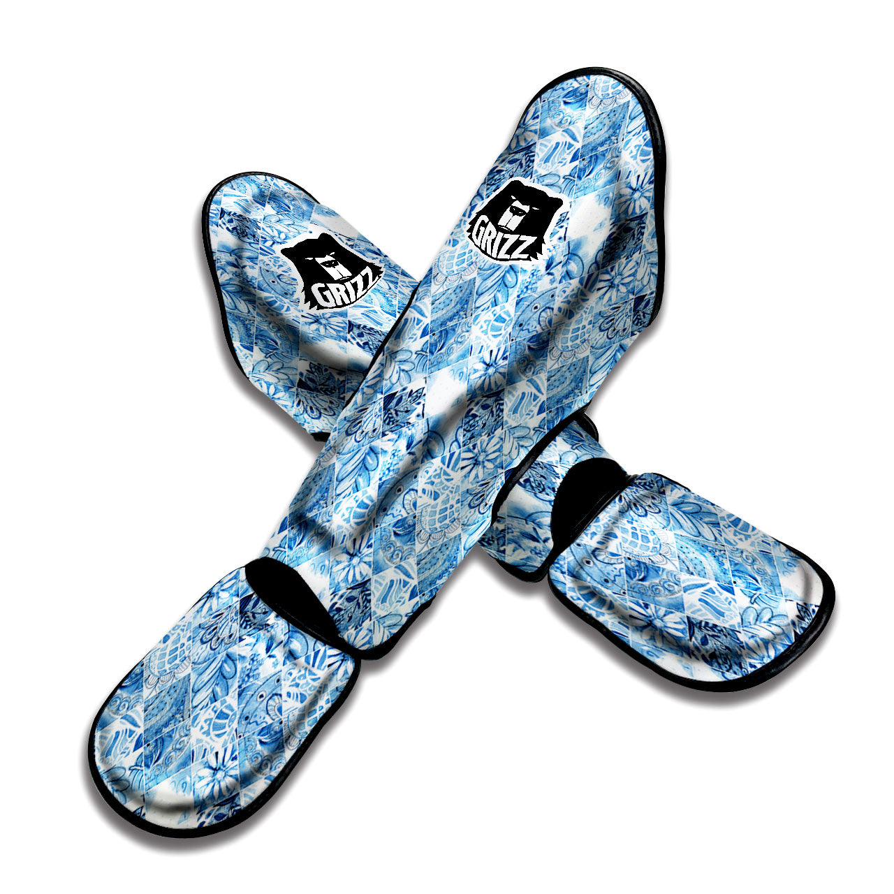 Patchwork Blue Flower Print Pattern Muay Thai Shin Guards-grizzshop