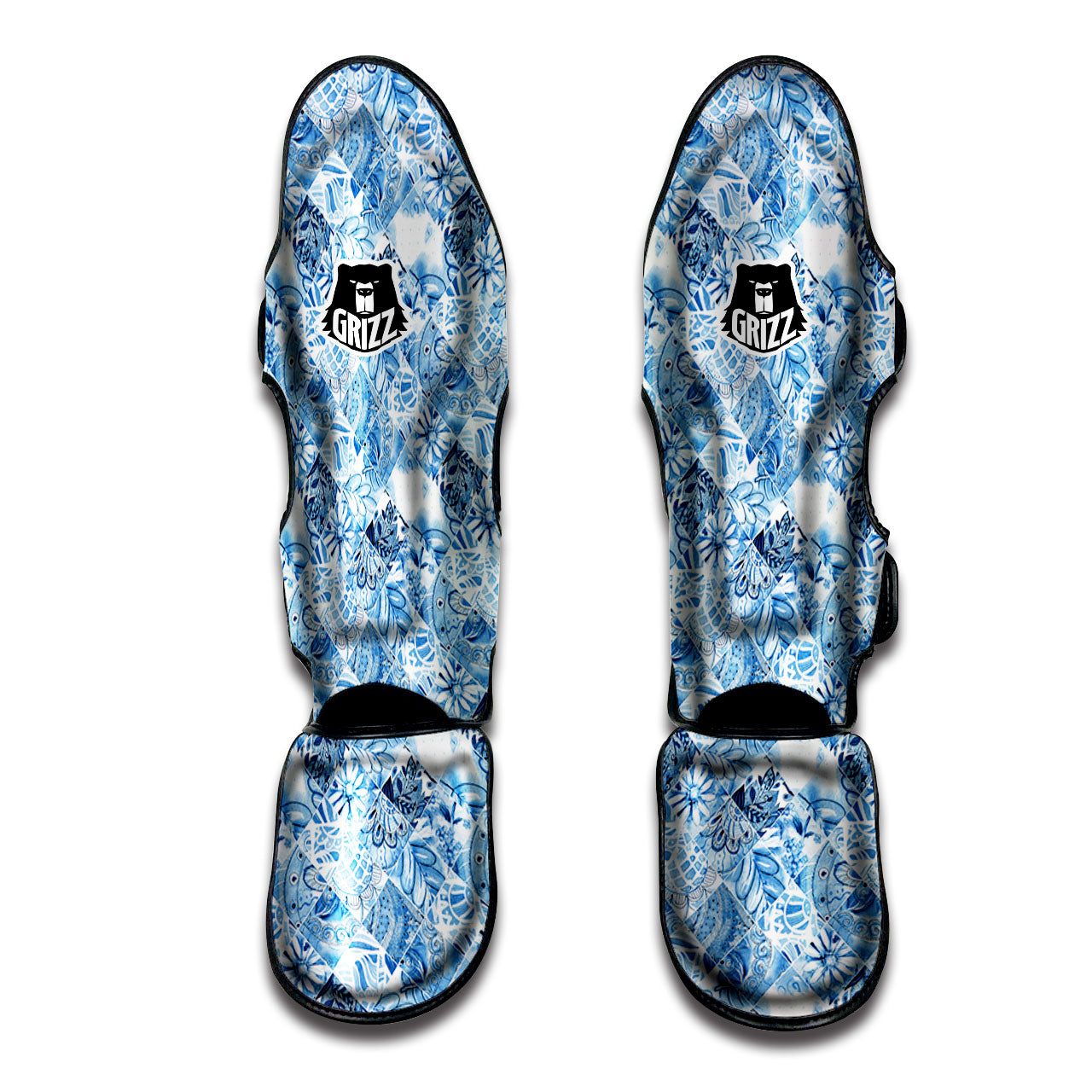Patchwork Blue Flower Print Pattern Muay Thai Shin Guards-grizzshop