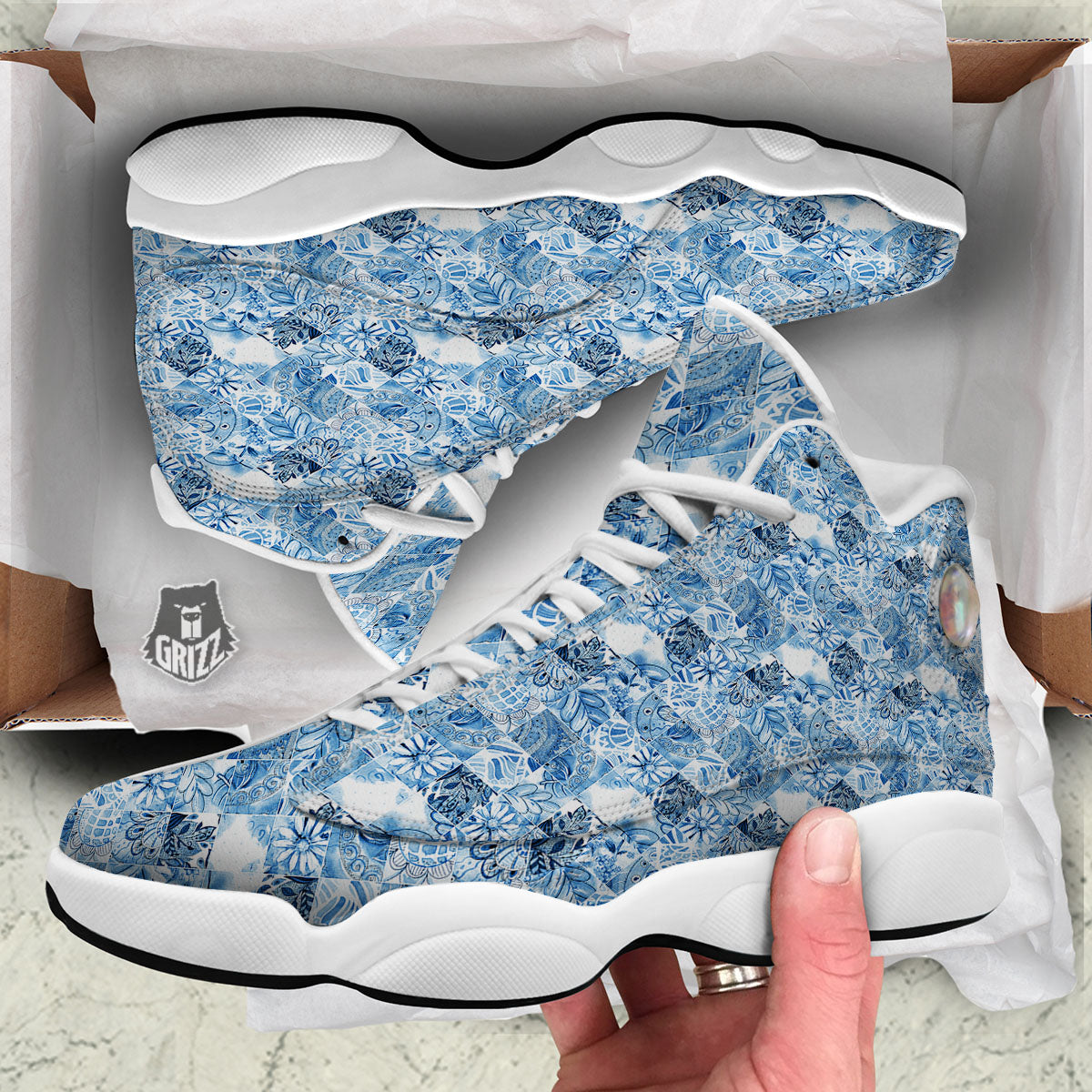 Patchwork Blue Flower Print Pattern White Basketball Shoes-grizzshop