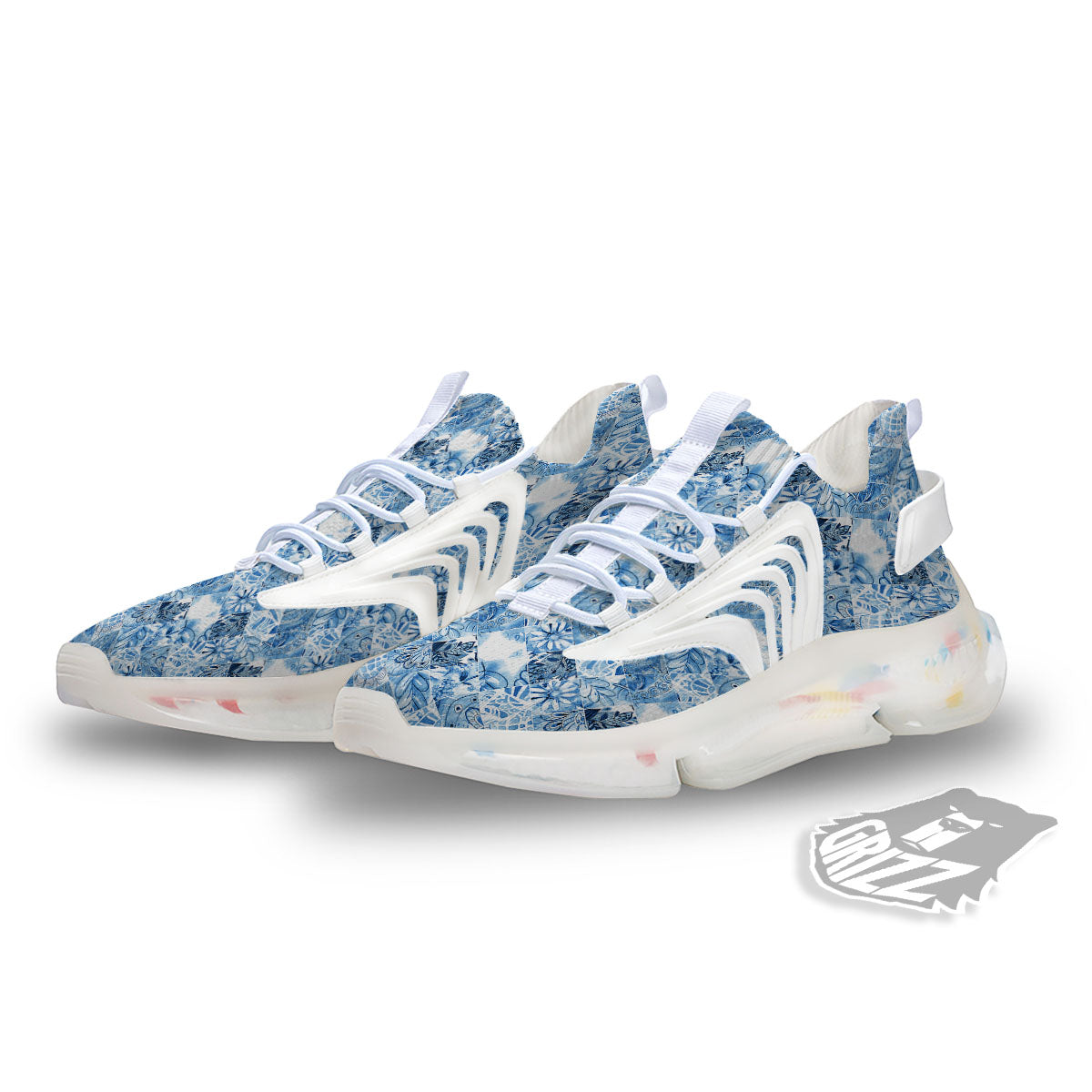 Patchwork Blue Flower Print Pattern White Gym Shoes-grizzshop