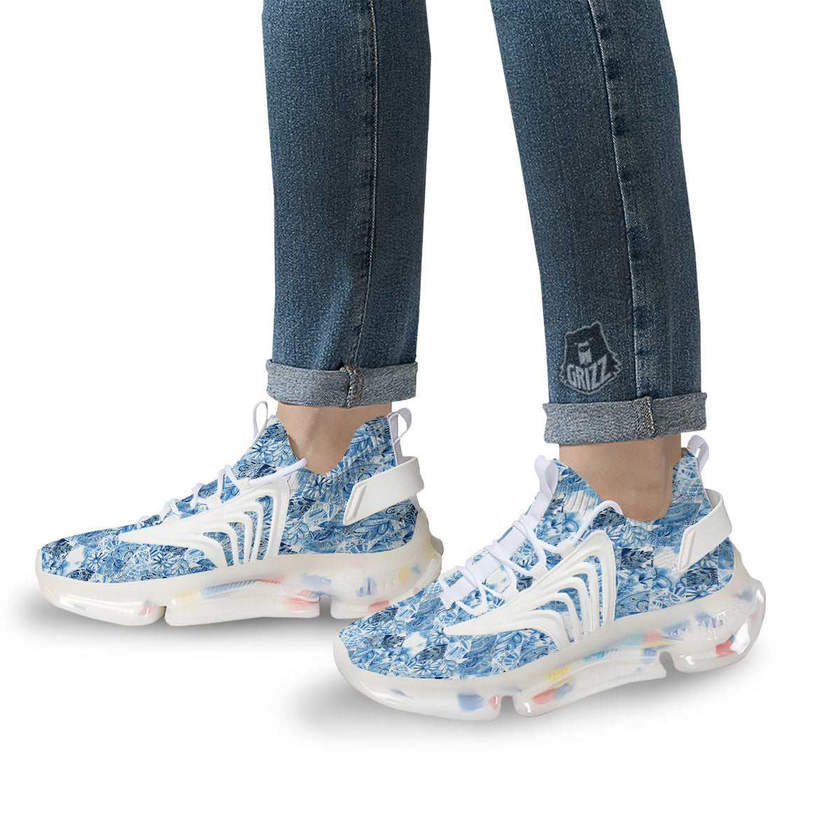 Patchwork Blue Flower Print Pattern White Gym Shoes-grizzshop