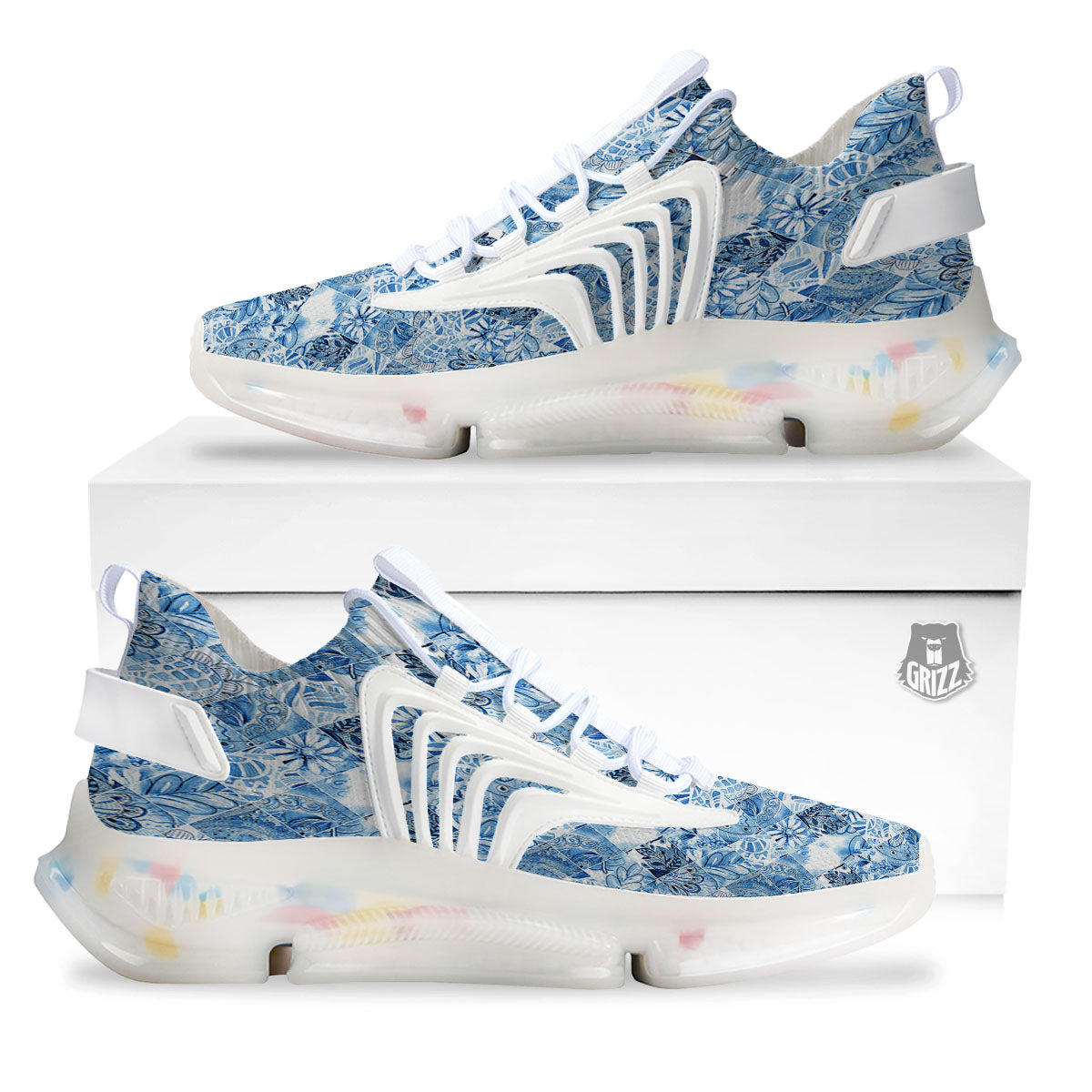 Patchwork Blue Flower Print Pattern White Gym Shoes-grizzshop