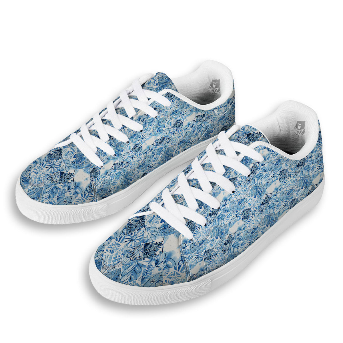 Patchwork Blue Flower Print Pattern White Low Top Sneakers-grizzshop