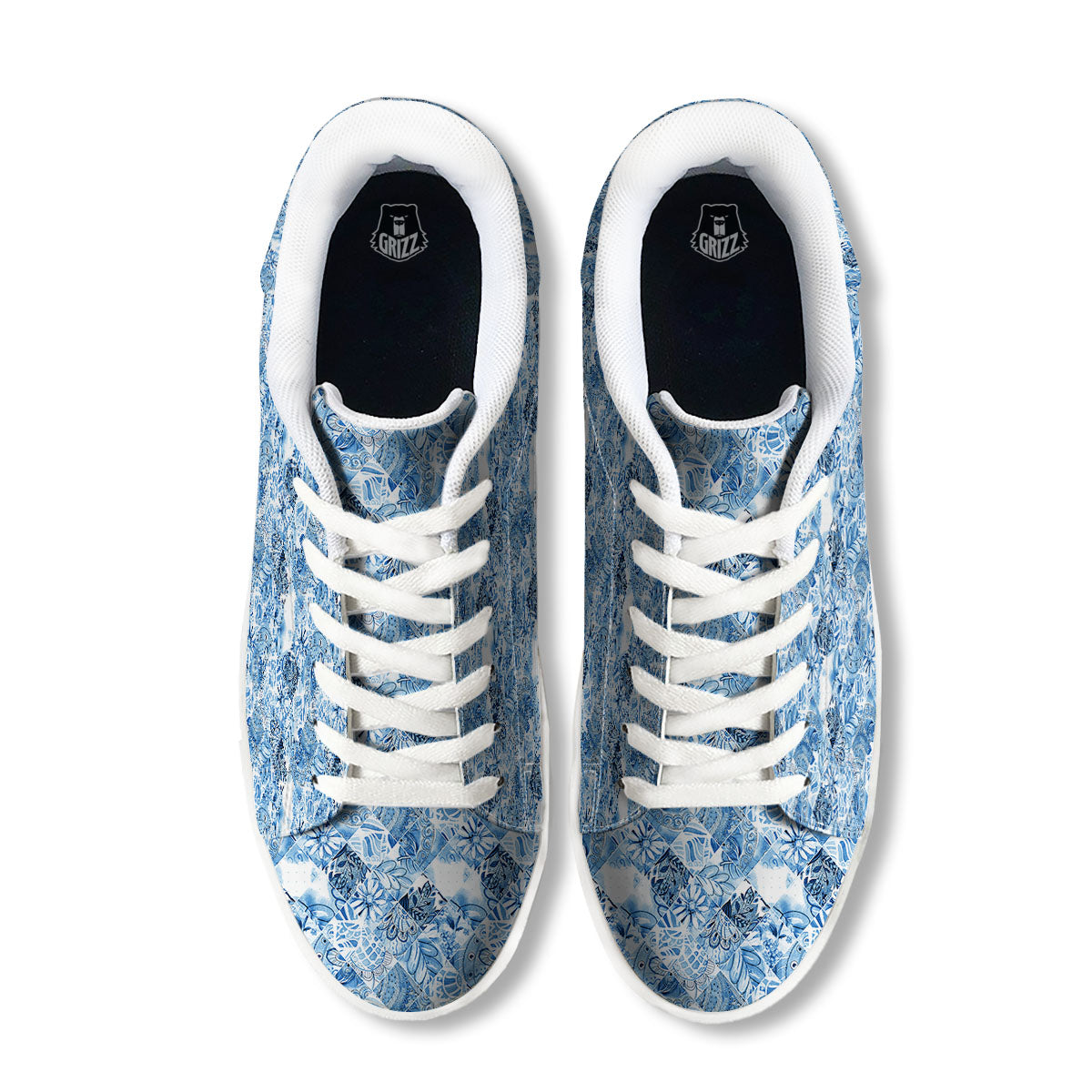 Patchwork Blue Flower Print Pattern White Low Top Sneakers-grizzshop