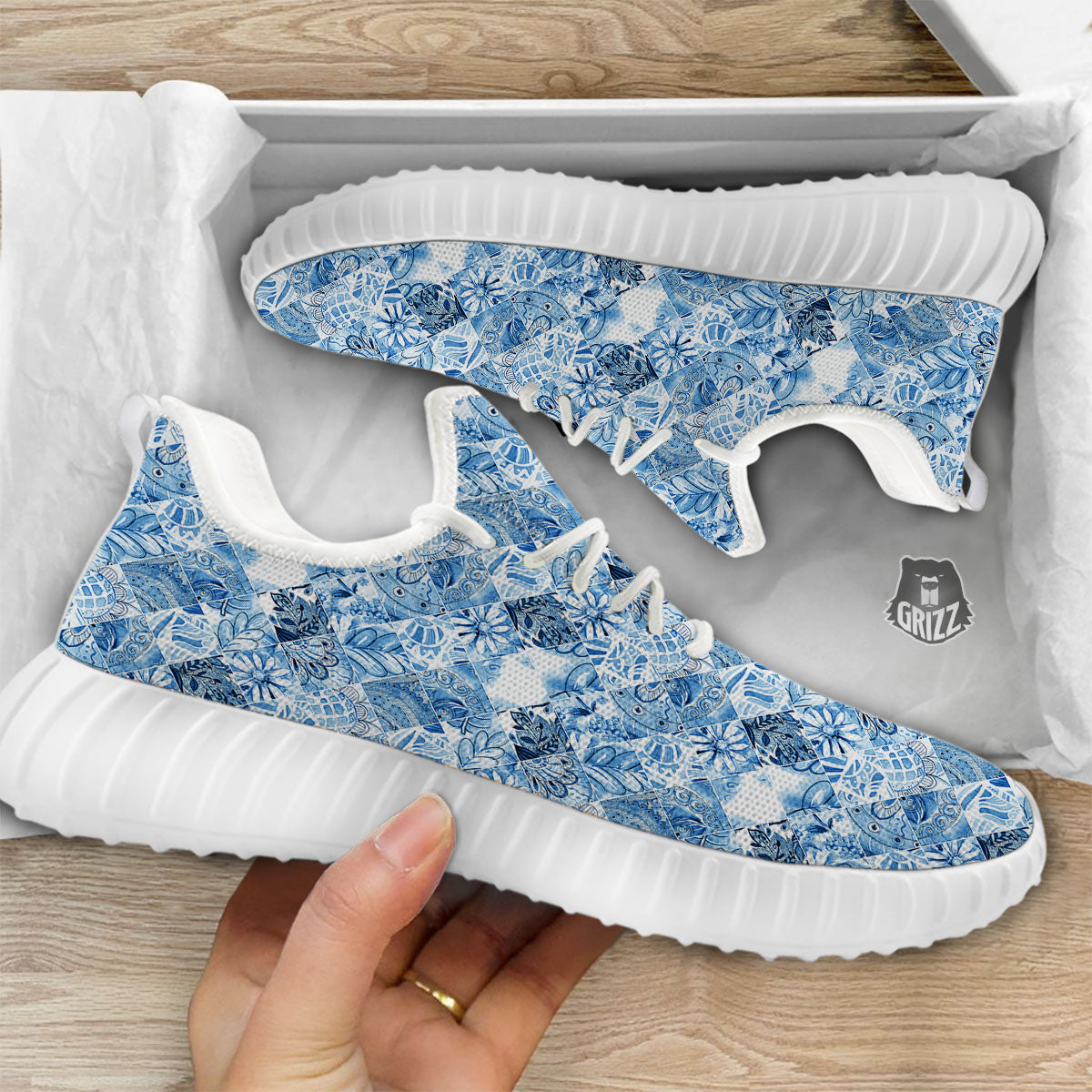 Patchwork Blue Flower Print Pattern White Walking Shoes-grizzshop