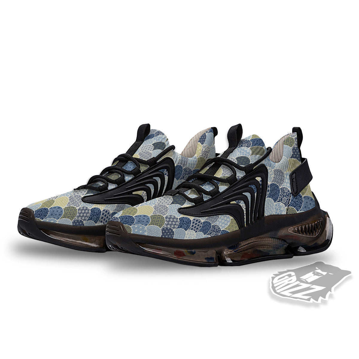 Patchwork Blue Traditional Japanese Print Pattern Black Gym Shoes-grizzshop