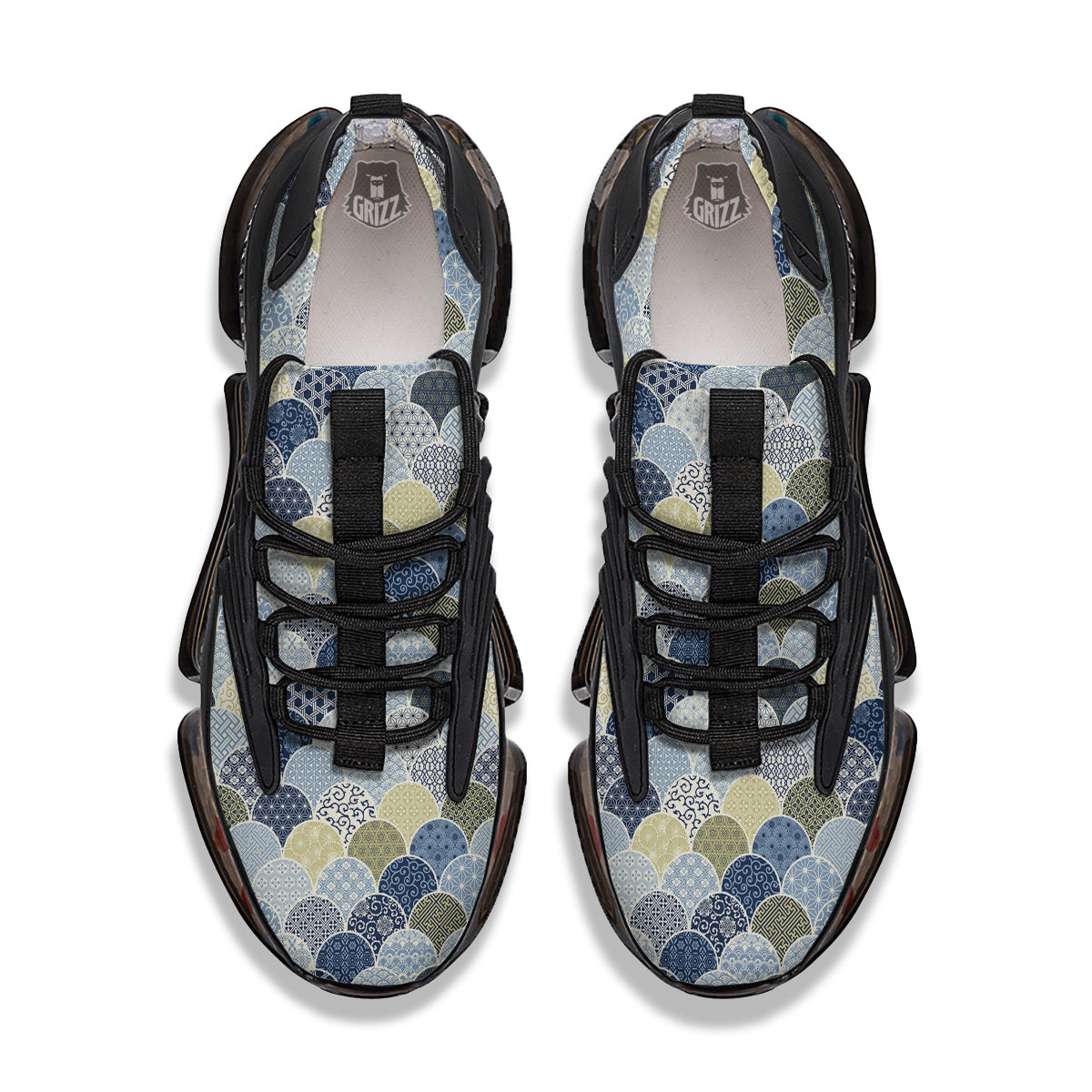 Patchwork Blue Traditional Japanese Print Pattern Black Gym Shoes-grizzshop