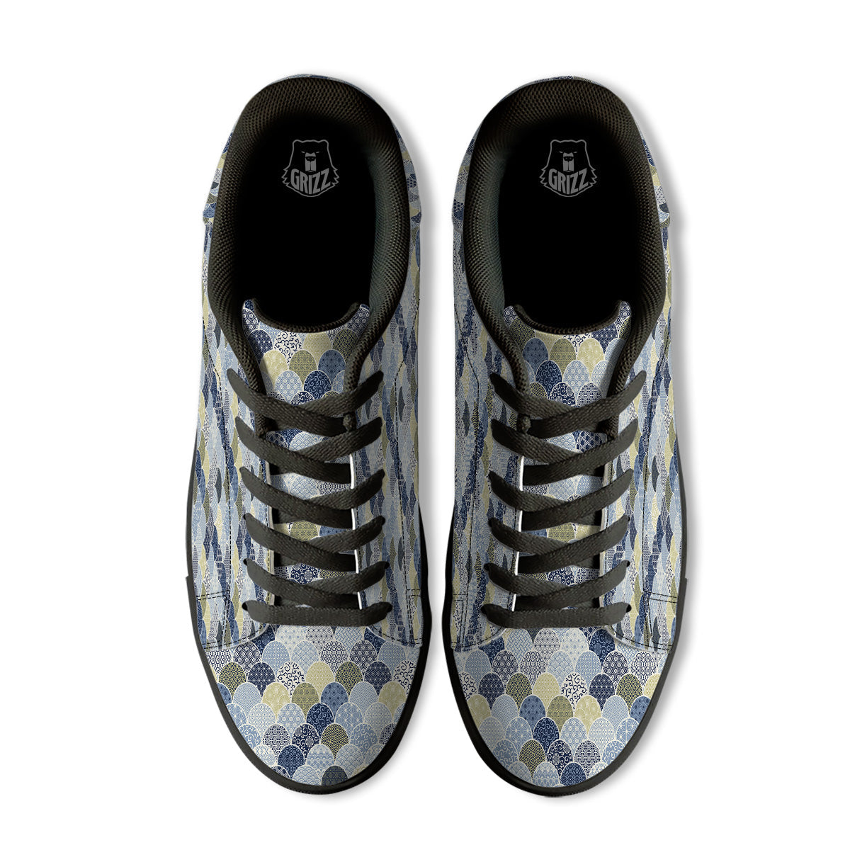 Patchwork Blue Traditional Japanese Print Pattern Black Low Top Sneakers-grizzshop