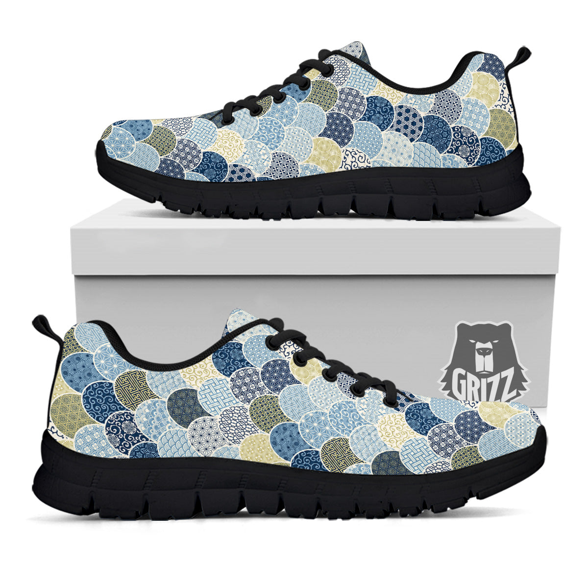 Patchwork Blue Traditional Japanese Print Pattern Black Sneaker-grizzshop