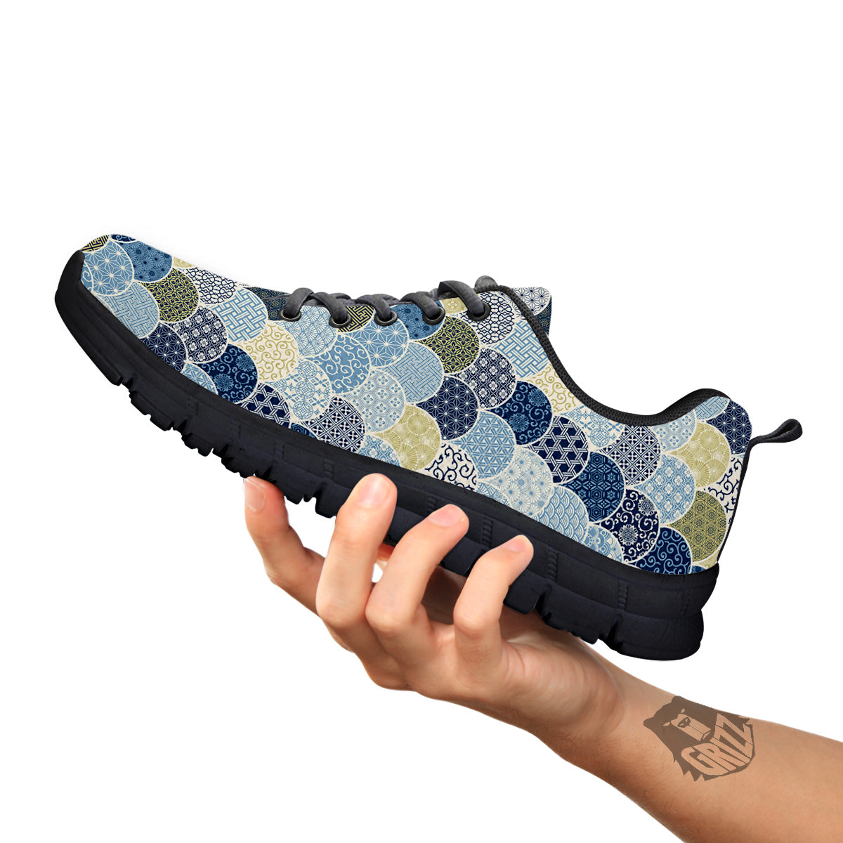 Patchwork Blue Traditional Japanese Print Pattern Black Sneaker-grizzshop
