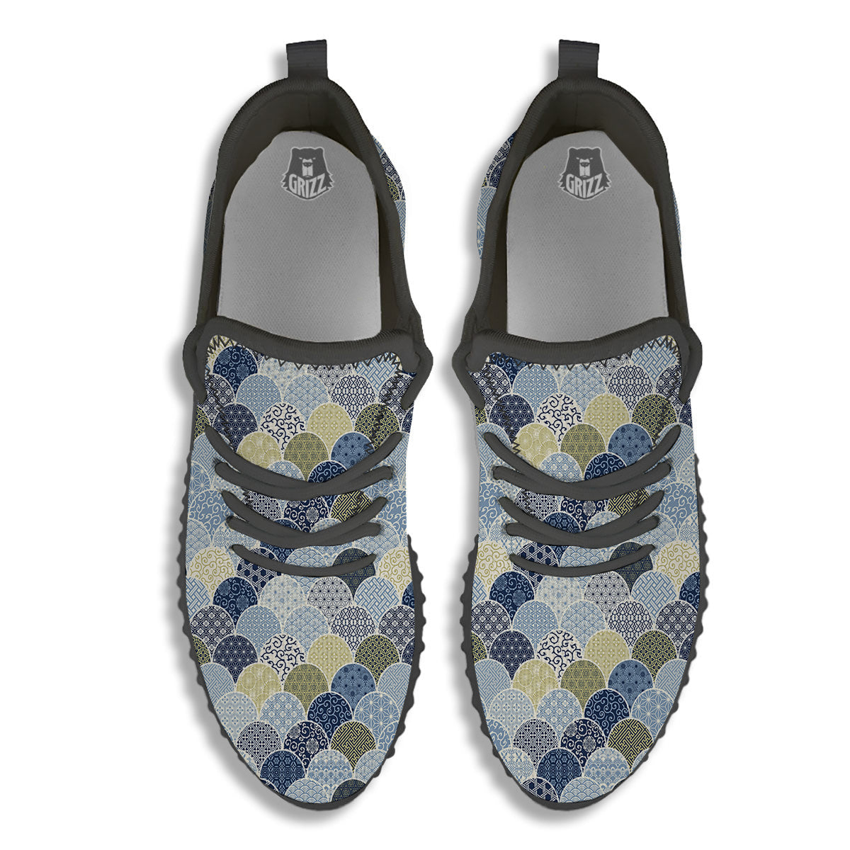 Patchwork Blue Traditional Japanese Print Pattern Black Walking Shoes-grizzshop