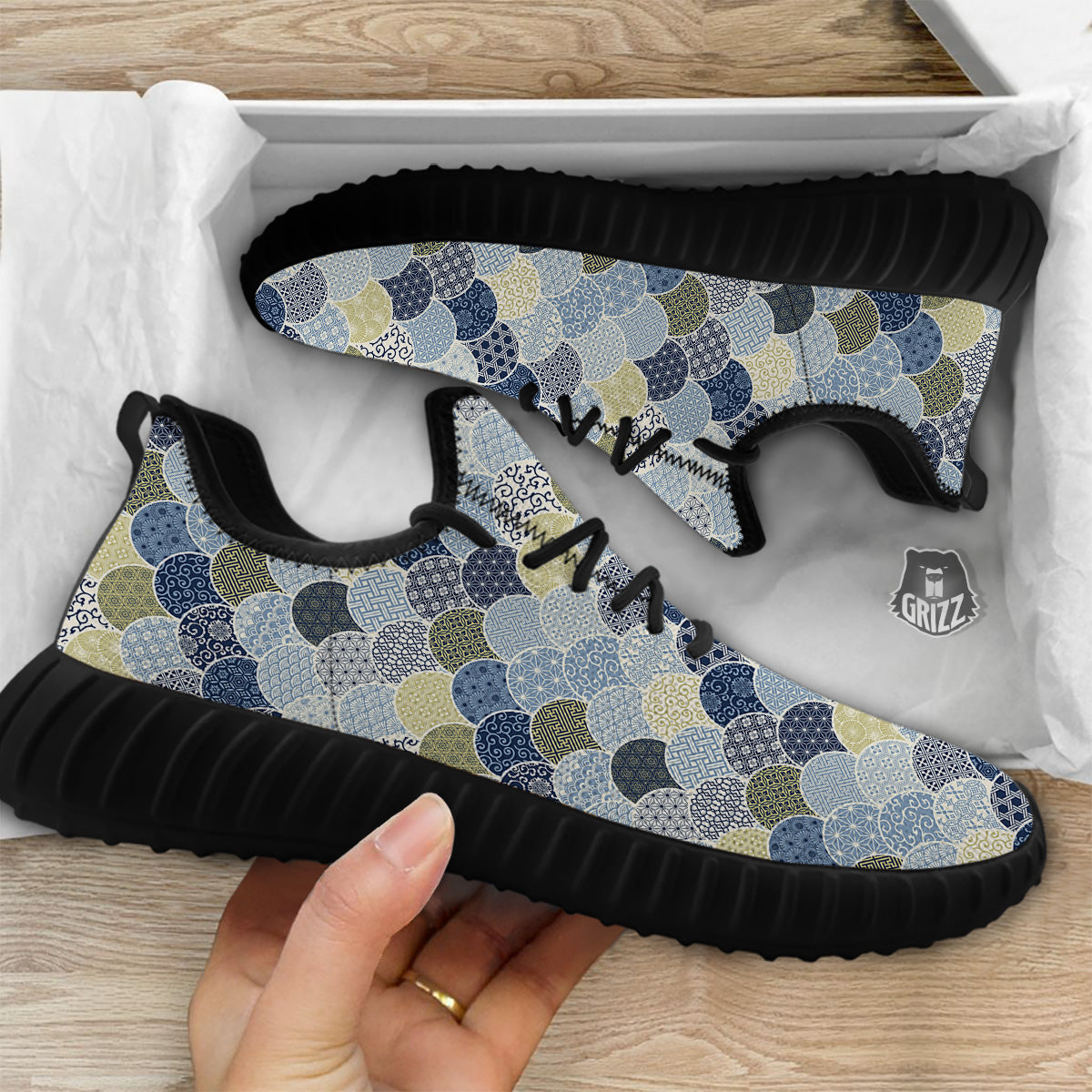 Patchwork Blue Traditional Japanese Print Pattern Black Walking Shoes-grizzshop