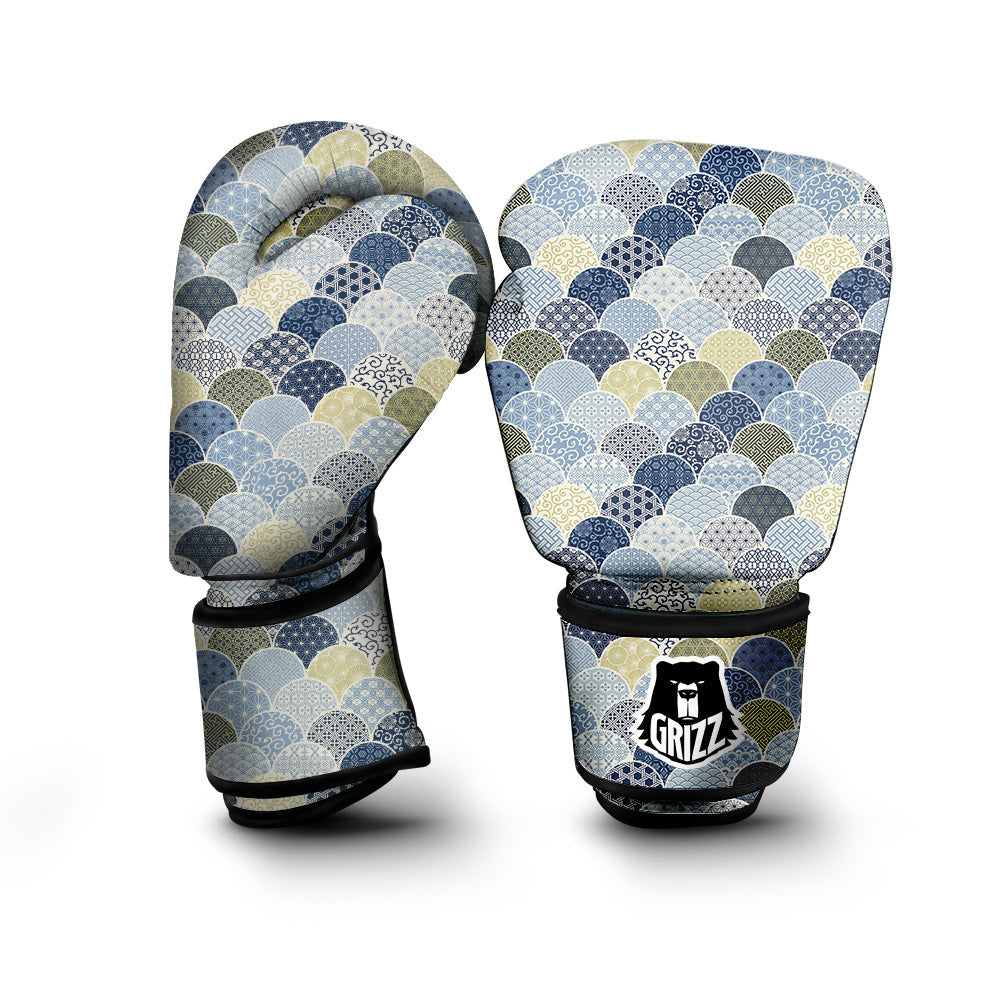 Patchwork Blue Traditional Japanese Print Pattern Boxing Gloves-grizzshop
