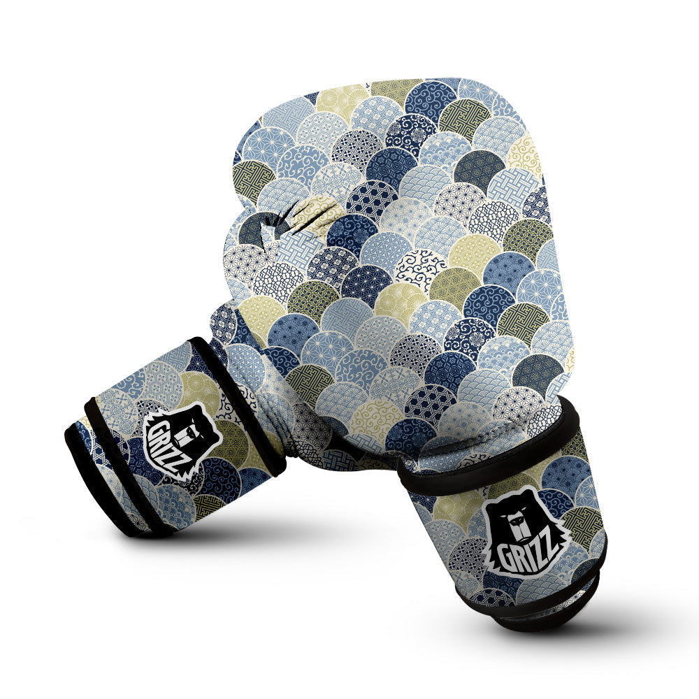 Patchwork Blue Traditional Japanese Print Pattern Boxing Gloves-grizzshop