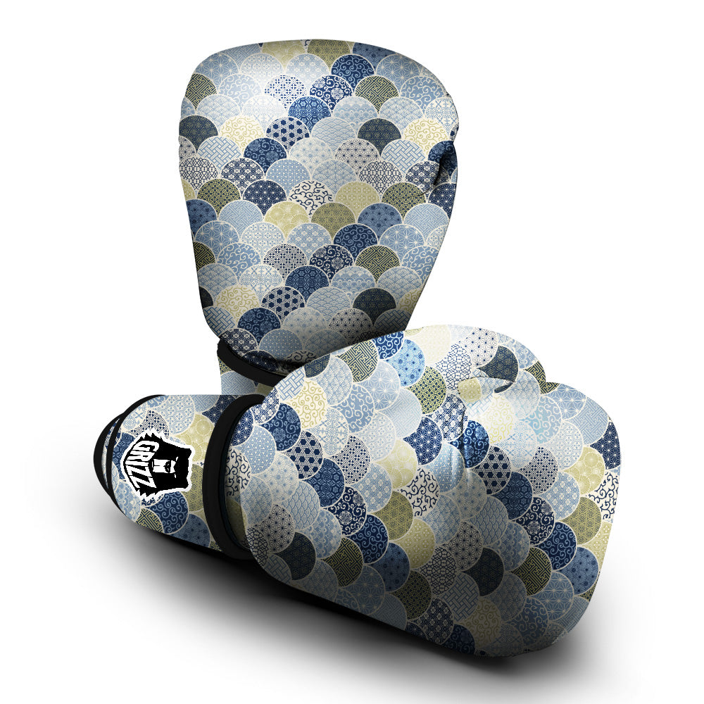 Patchwork Blue Traditional Japanese Print Pattern Boxing Gloves-grizzshop