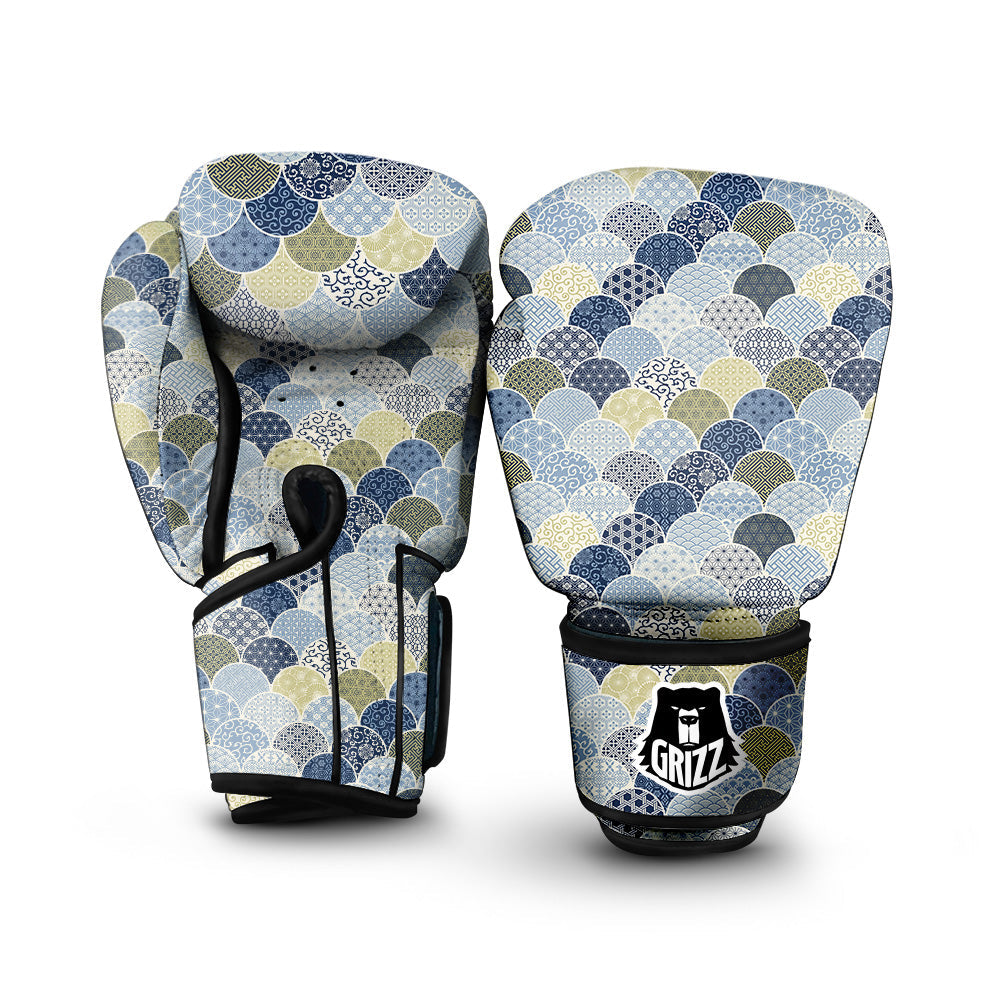 Patchwork Blue Traditional Japanese Print Pattern Boxing Gloves-grizzshop
