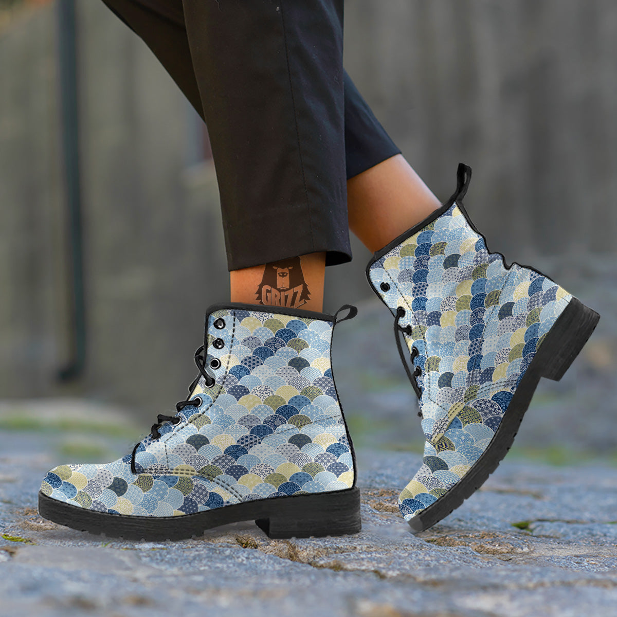 Patchwork Blue Traditional Japanese Print Pattern Leather Boots-grizzshop