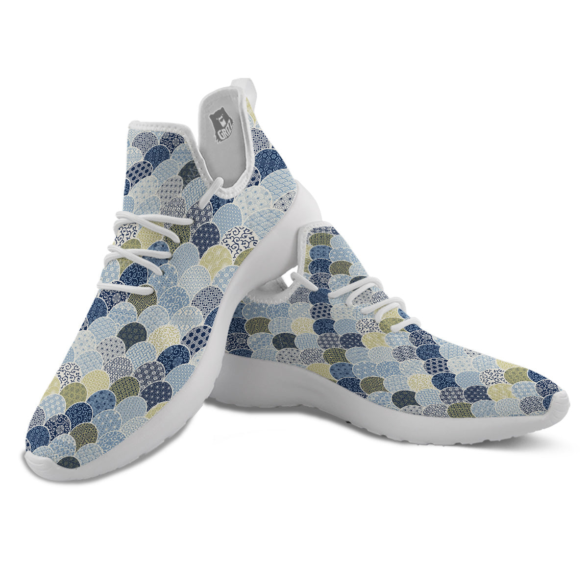 Patchwork Blue Traditional Japanese Print Pattern White Athletic Shoes-grizzshop