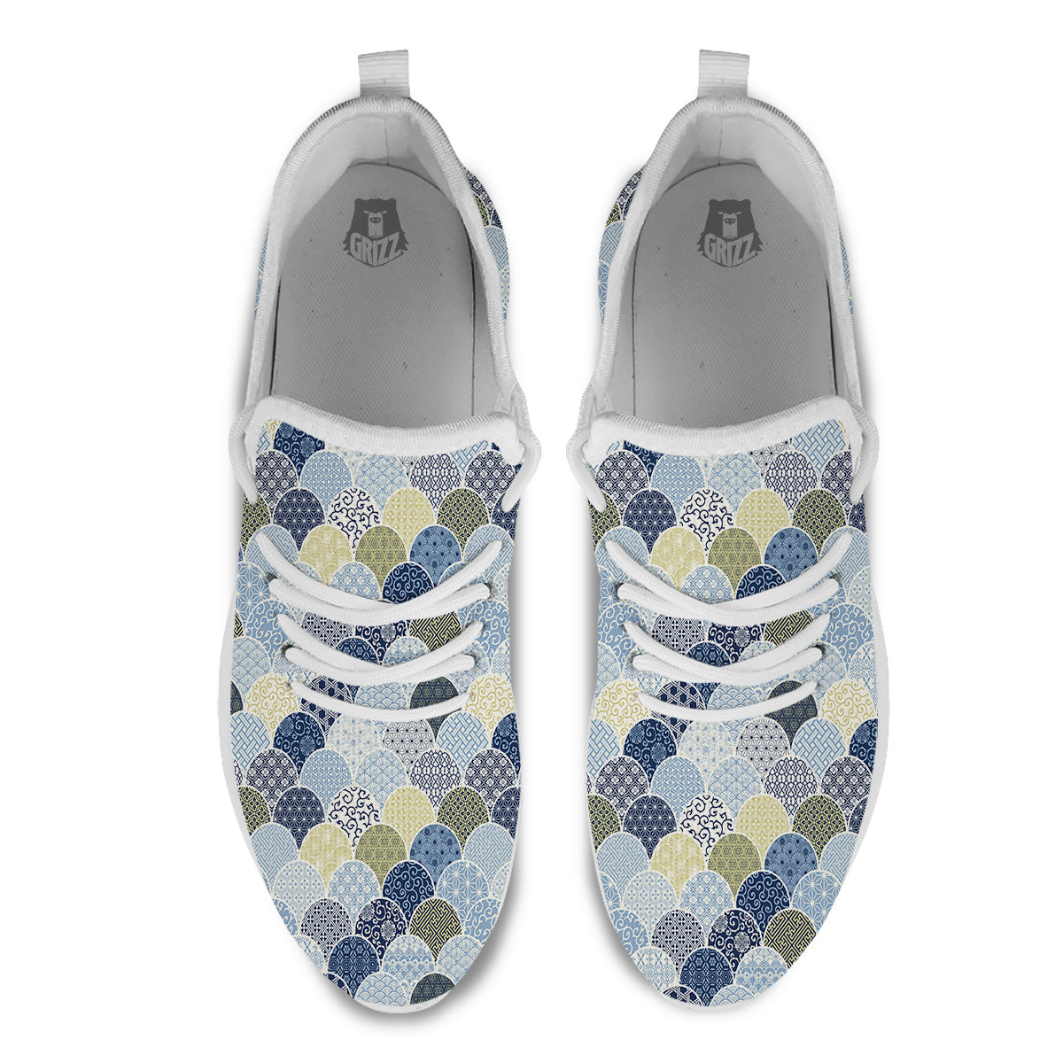 Patchwork Blue Traditional Japanese Print Pattern White Athletic Shoes-grizzshop