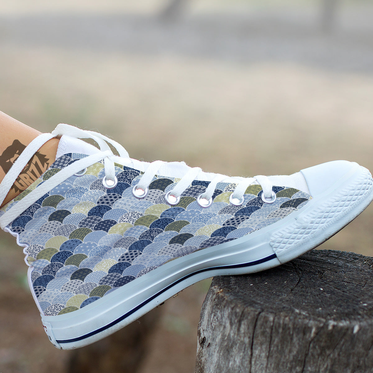 Patchwork Blue Traditional Japanese Print Pattern White High Top Shoes-grizzshop