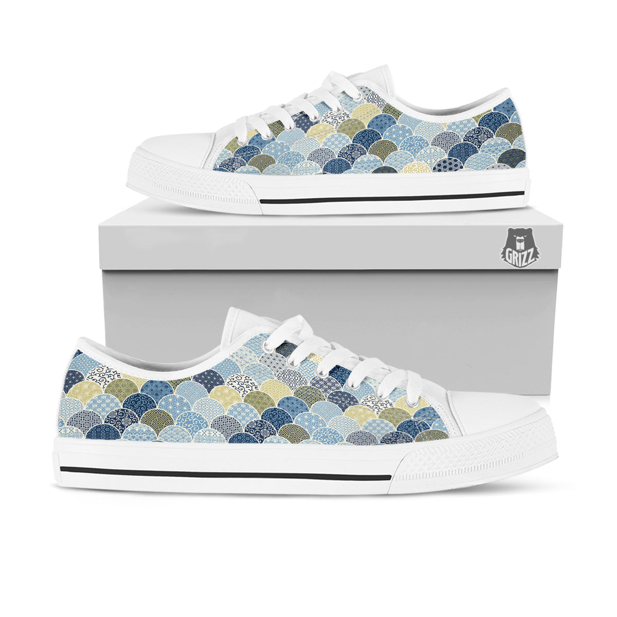 Patchwork Blue Traditional Japanese Print Pattern White Low Top Shoes-grizzshop