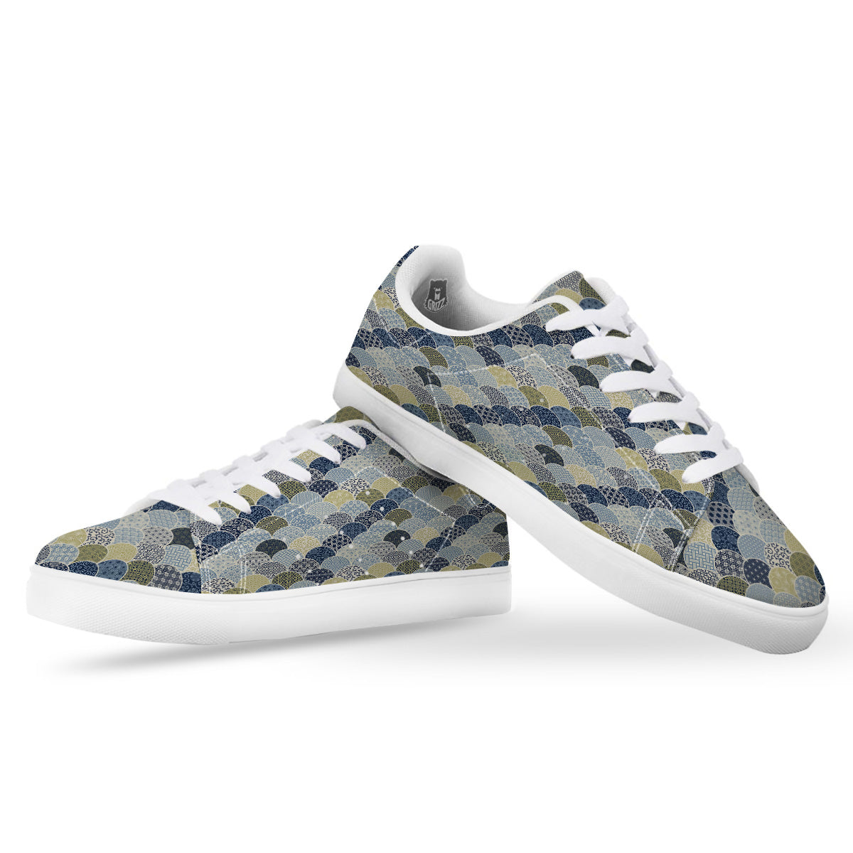 Patchwork Blue Traditional Japanese Print Pattern White Low Top Sneakers-grizzshop