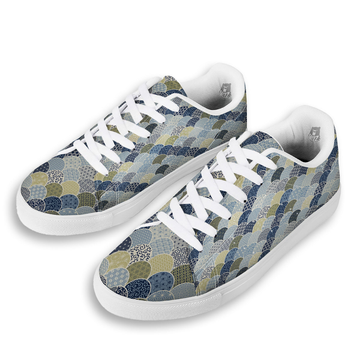 Patchwork Blue Traditional Japanese Print Pattern White Low Top Sneakers-grizzshop