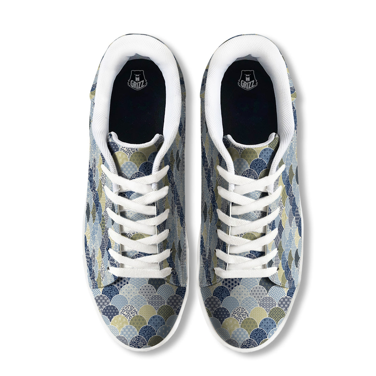 Patchwork Blue Traditional Japanese Print Pattern White Low Top Sneakers-grizzshop