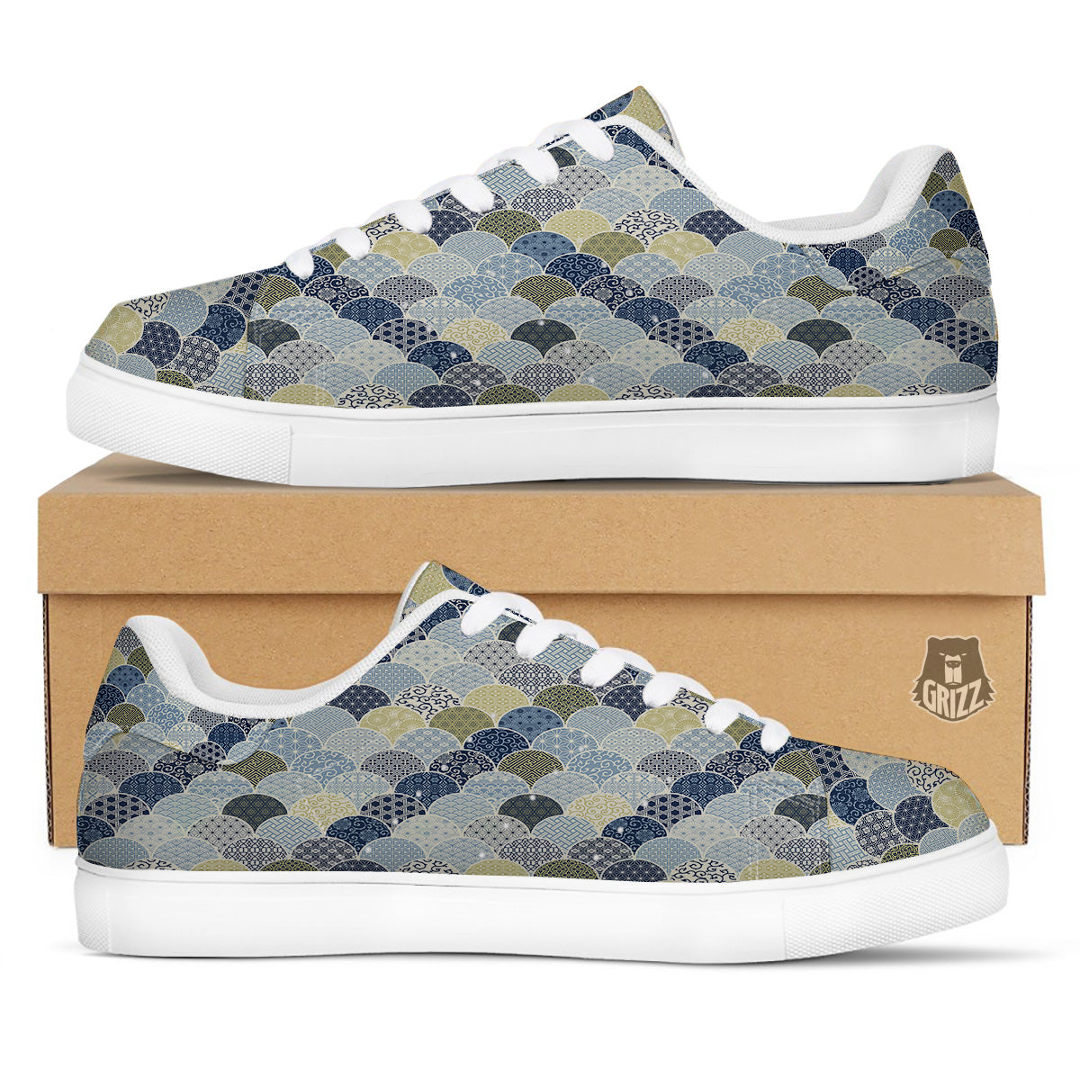 Patchwork Blue Traditional Japanese Print Pattern White Low Top Sneakers-grizzshop
