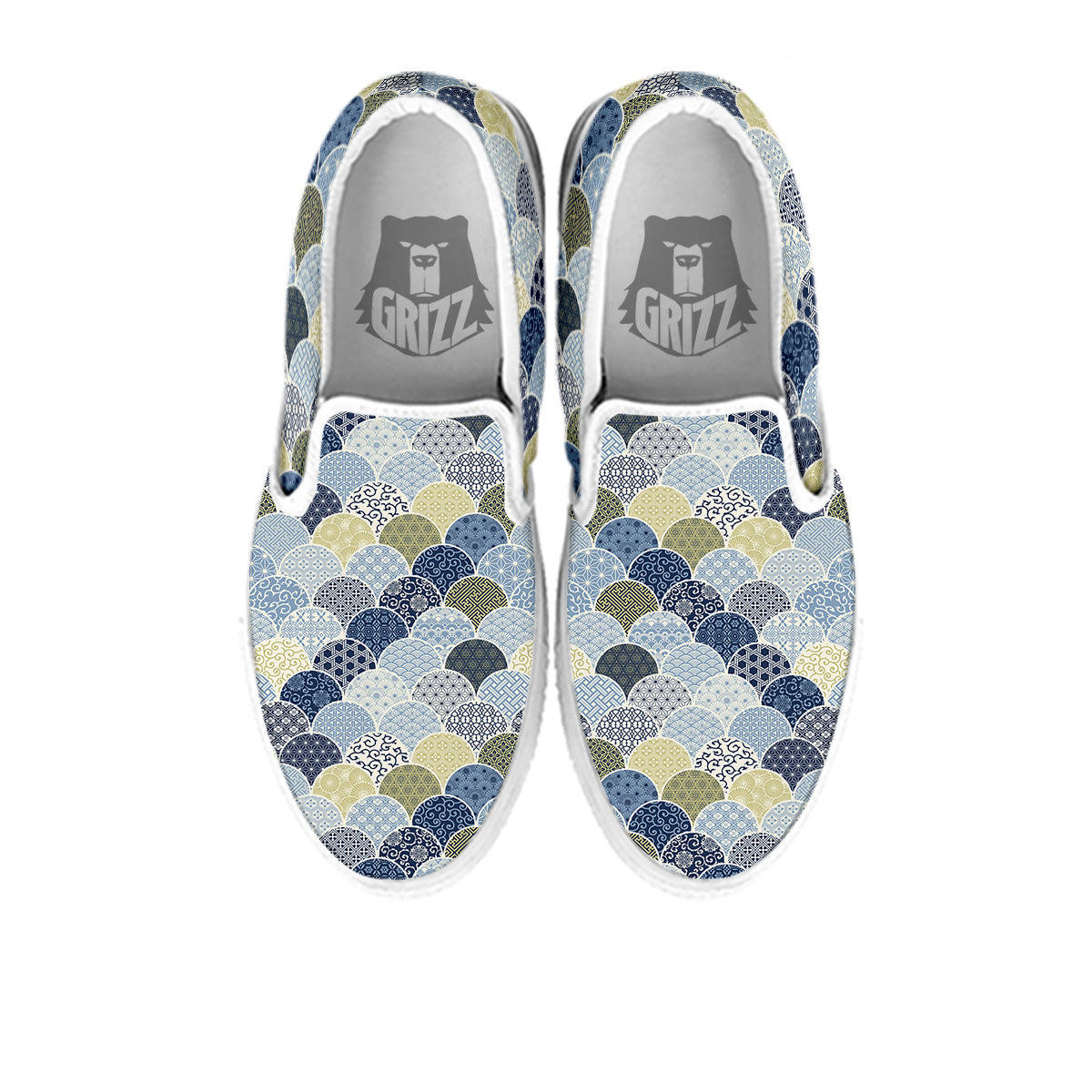 Patchwork Blue Traditional Japanese Print Pattern White Slip On Shoes-grizzshop
