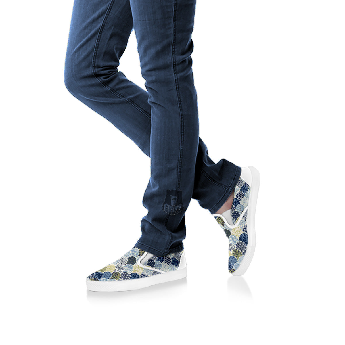 Patchwork Blue Traditional Japanese Print Pattern White Slip On Shoes-grizzshop