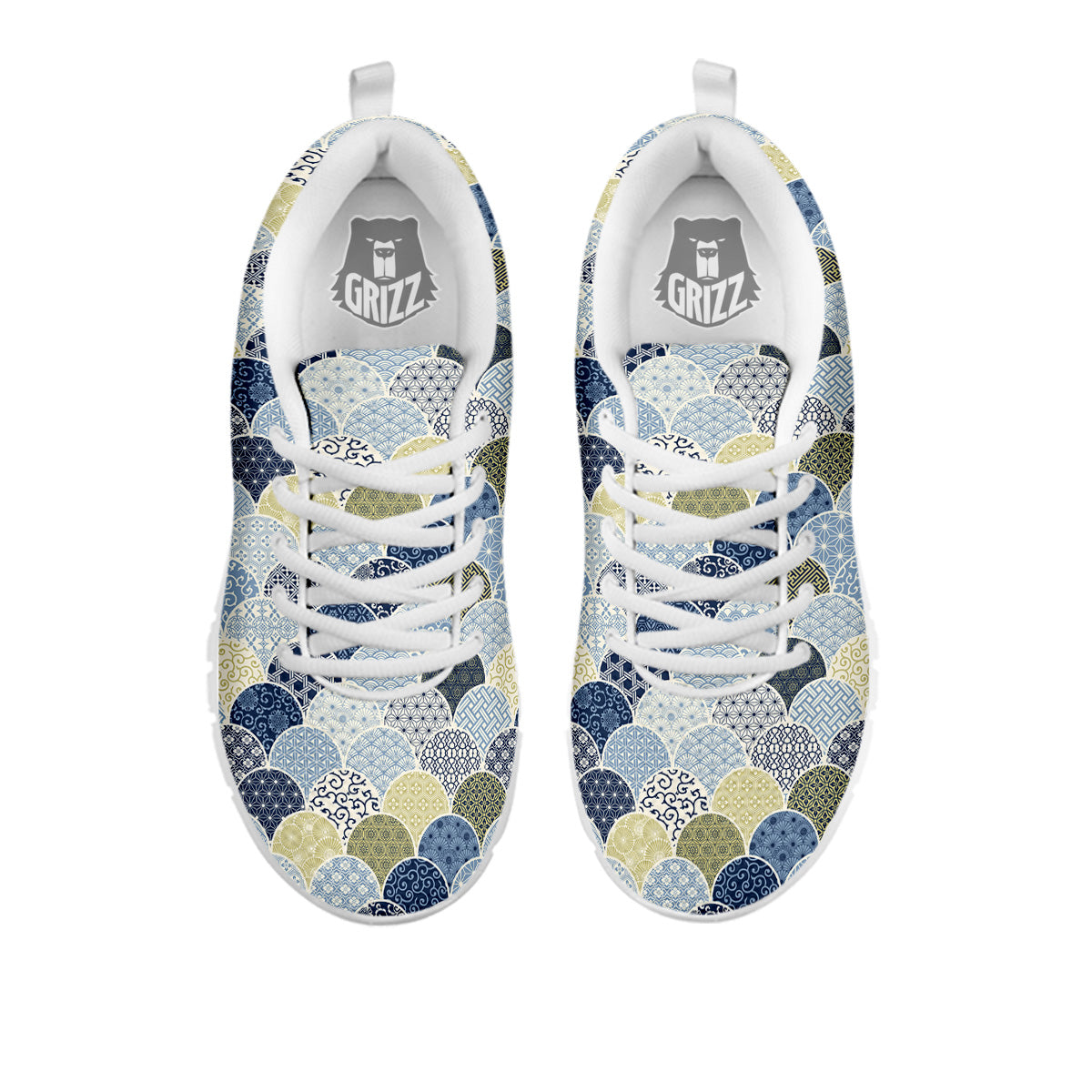 Patchwork Blue Traditional Japanese Print Pattern White Sneaker-grizzshop