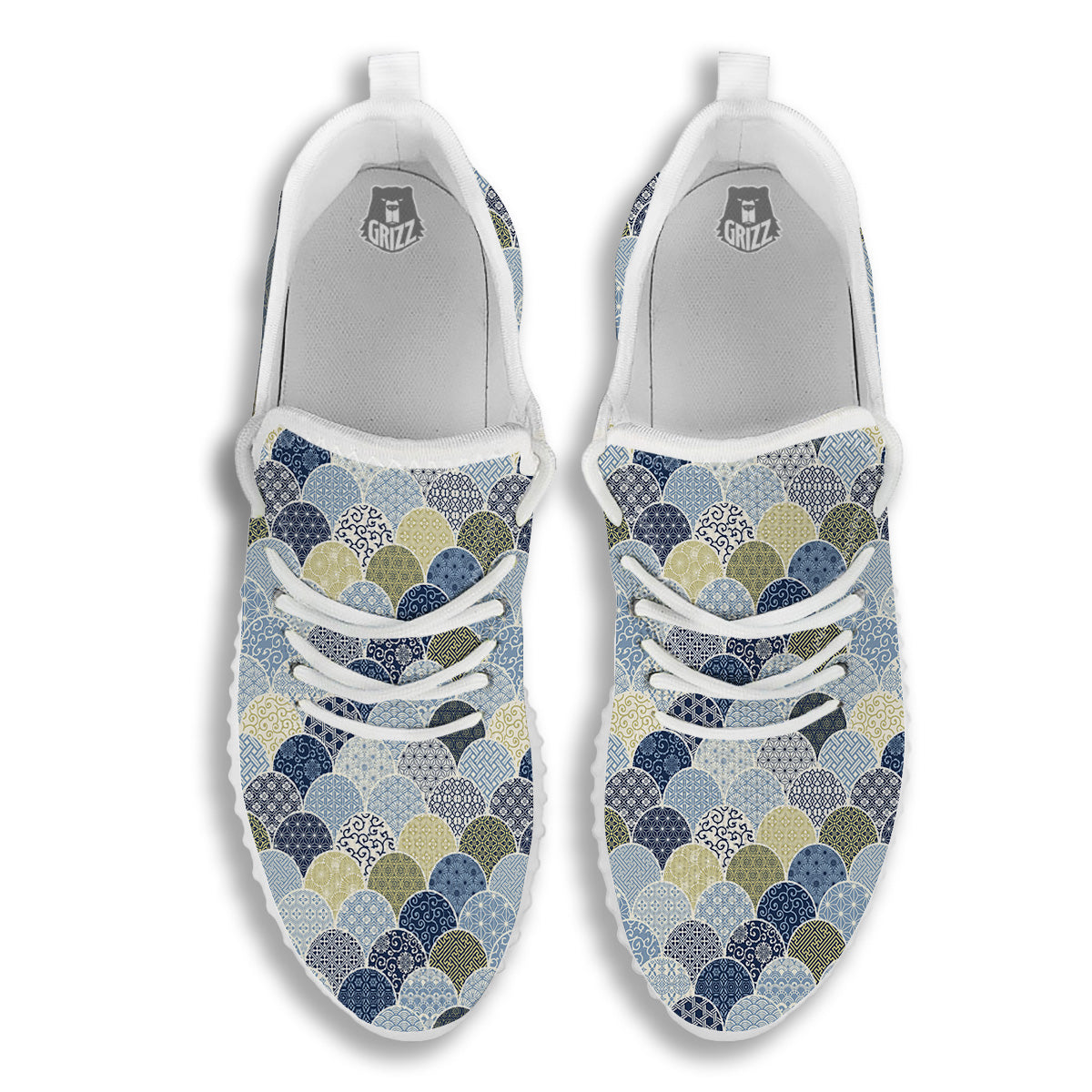 Patchwork Blue Traditional Japanese Print Pattern White Walking Shoes-grizzshop