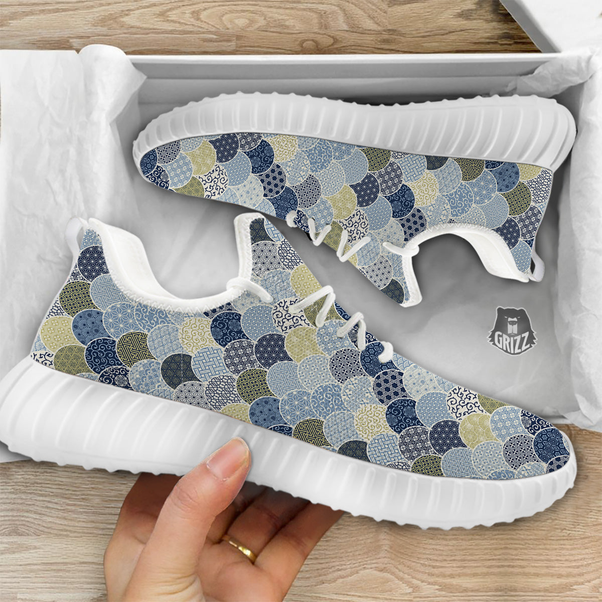 Patchwork Blue Traditional Japanese Print Pattern White Walking Shoes-grizzshop
