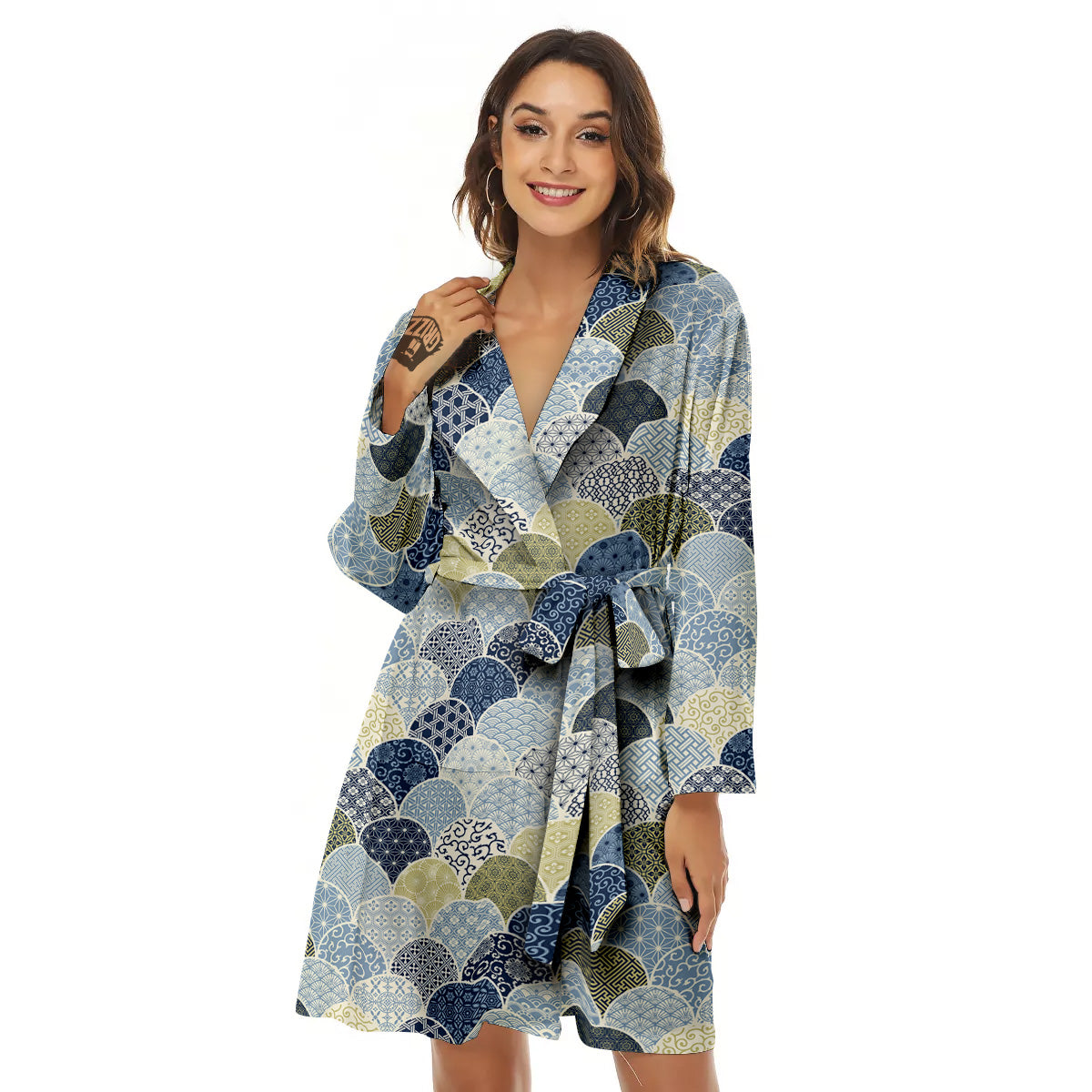 Patchwork Blue Traditional Japanese Print Pattern Women's Robe-grizzshop