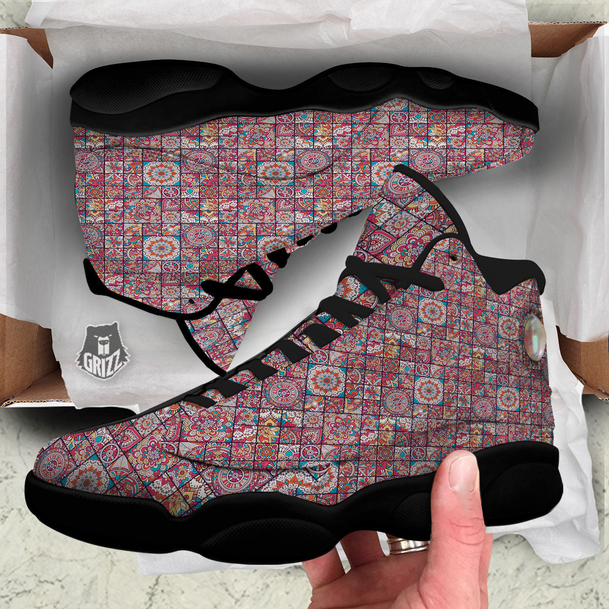 Patchwork Bohemian Print Pattern Black Basketball Shoes-grizzshop