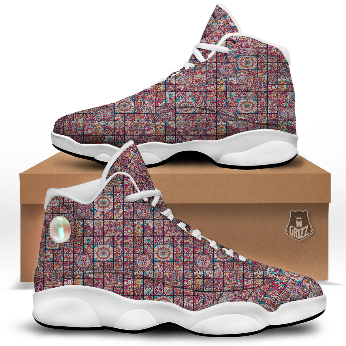 Patchwork Bohemian Print Pattern White Basketball Shoes-grizzshop