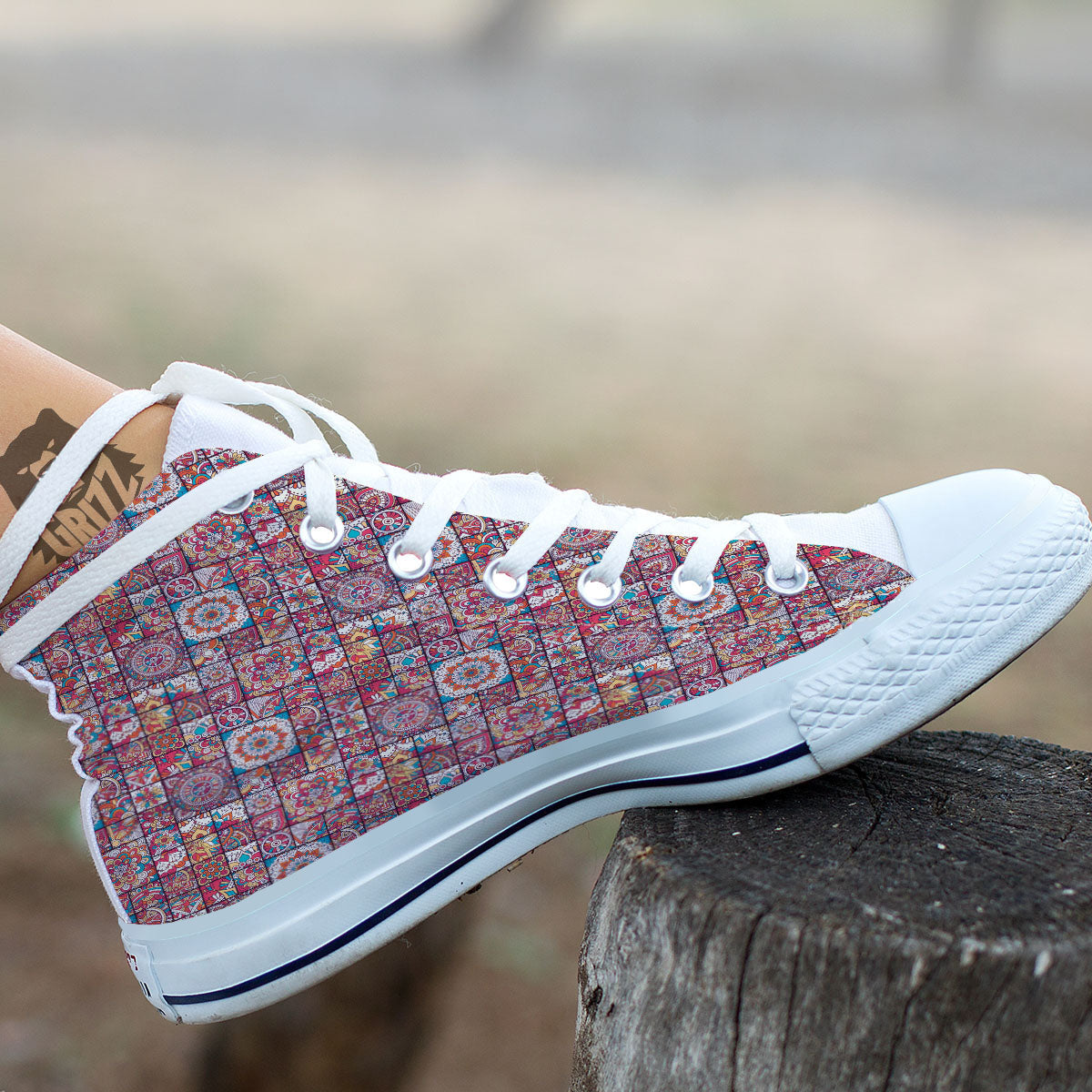 Patchwork Bohemian Print Pattern White High Top Shoes-grizzshop