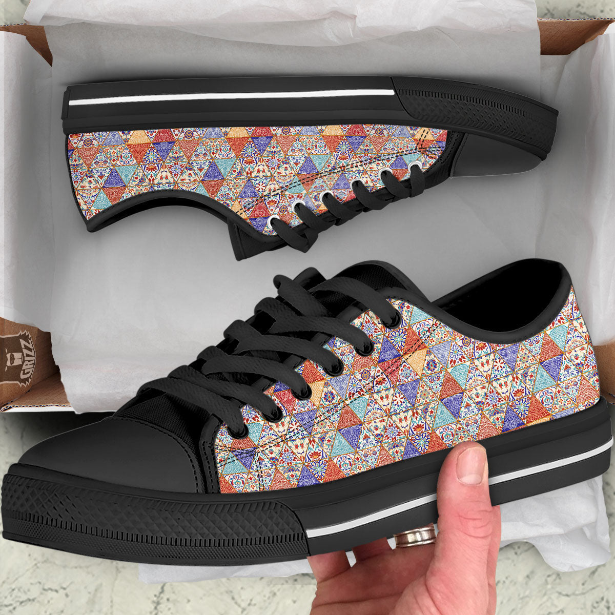 Patchwork Boho Mandala Print Pattern Black Low Top Shoes-grizzshop