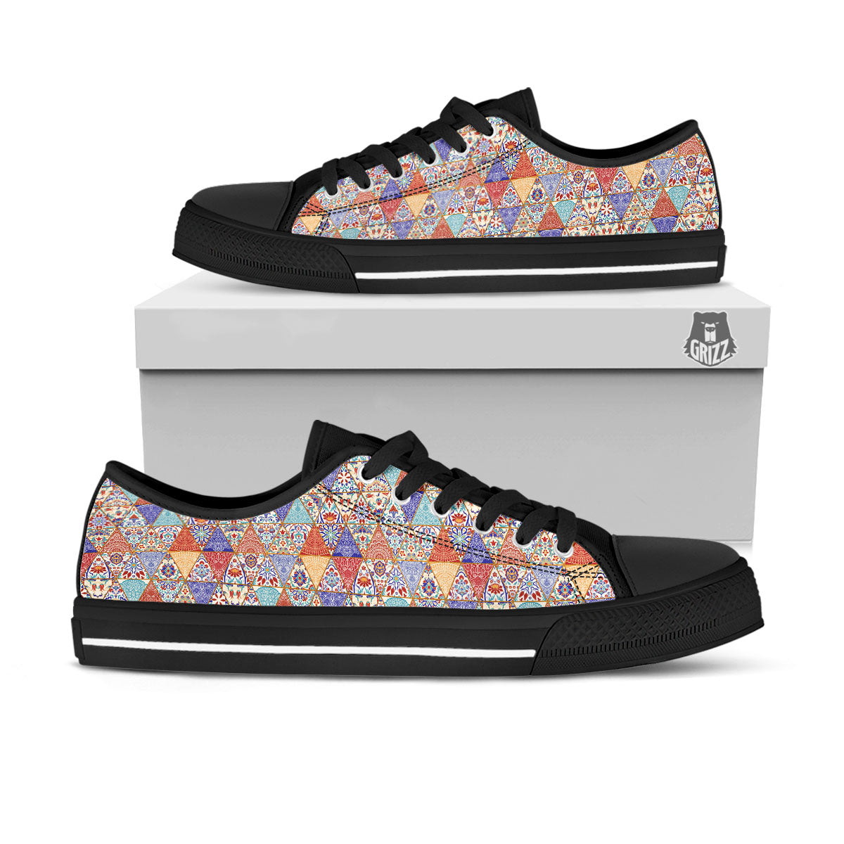 Patchwork Boho Mandala Print Pattern Black Low Top Shoes-grizzshop