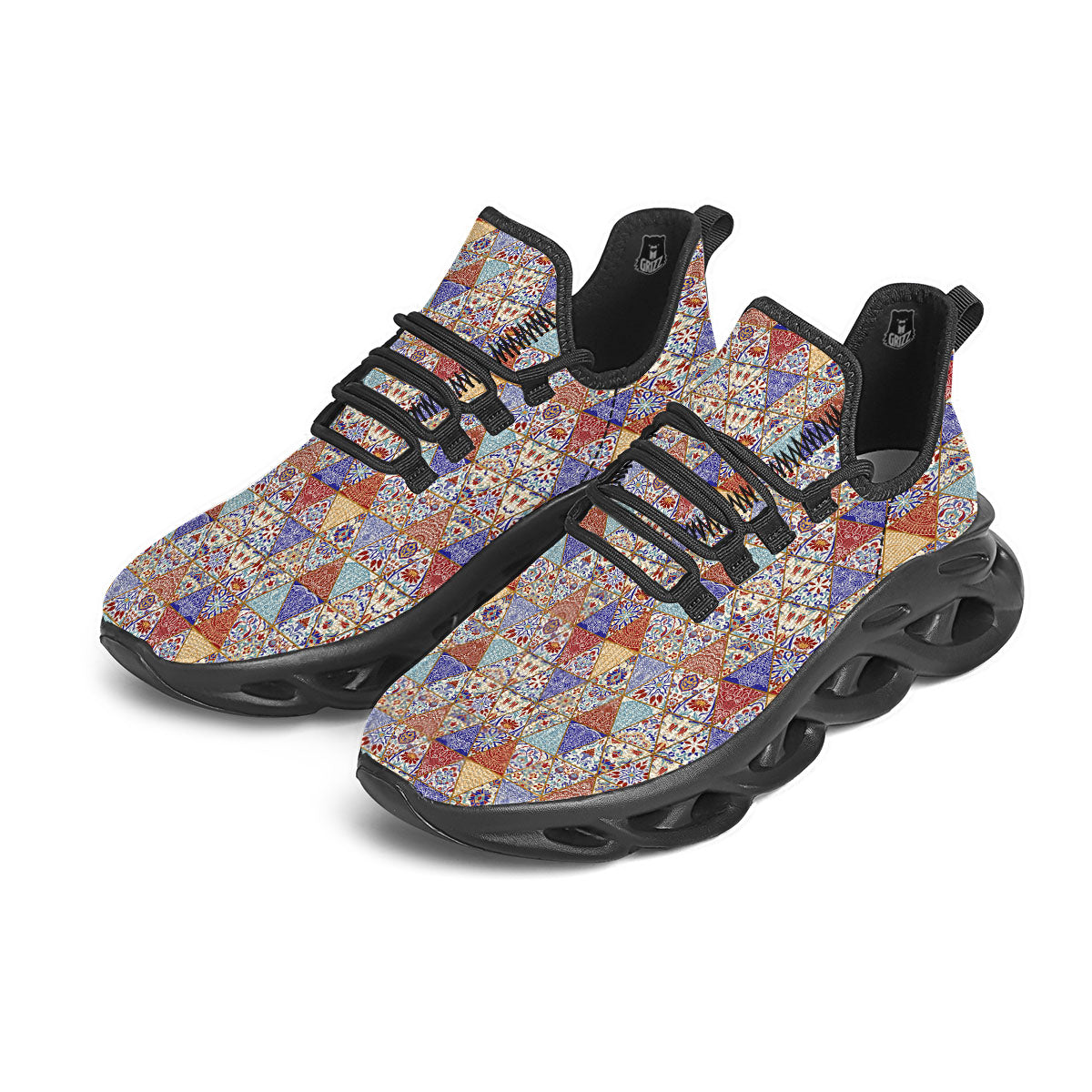 Patchwork Boho Mandala Print Pattern Black Running Shoes-grizzshop