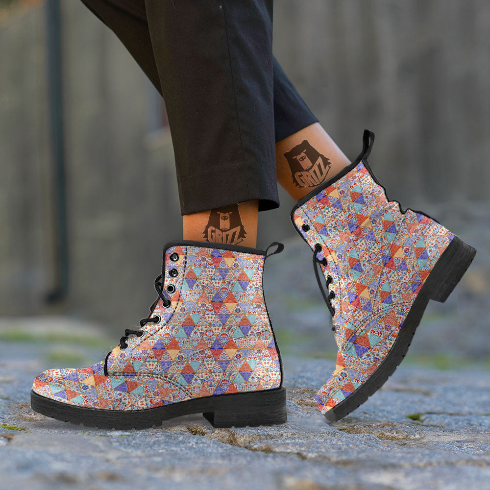 Patchwork Boho Mandala Print Pattern Leather Boots-grizzshop