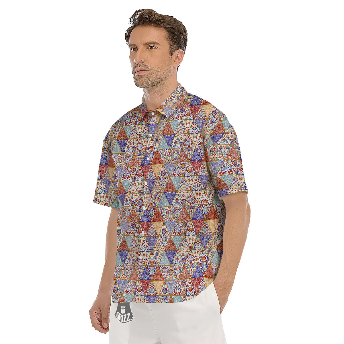Patchwork Boho Mandala Print Pattern Men's Short Sleeve Shirts-grizzshop