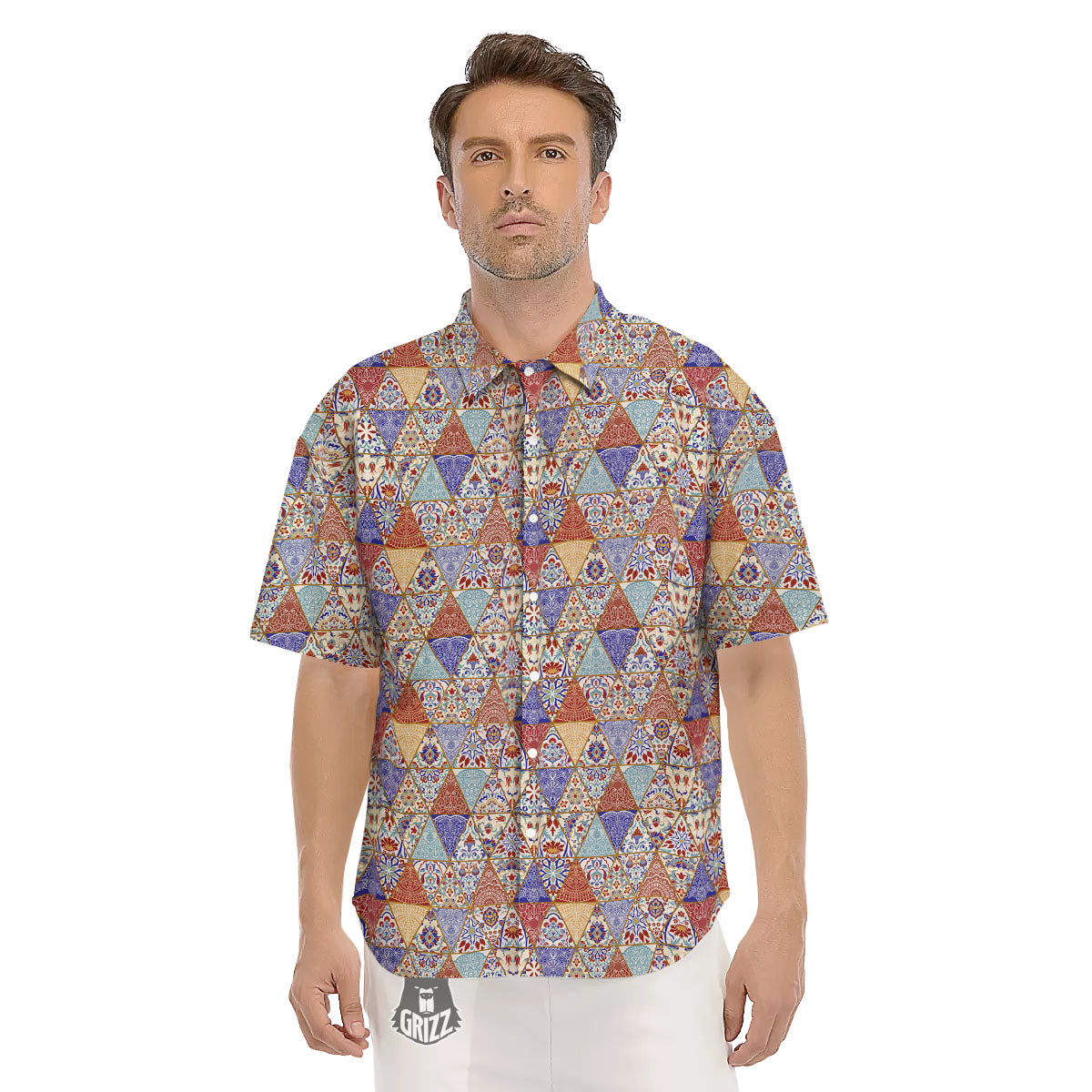 Patchwork Boho Mandala Print Pattern Men's Short Sleeve Shirts-grizzshop