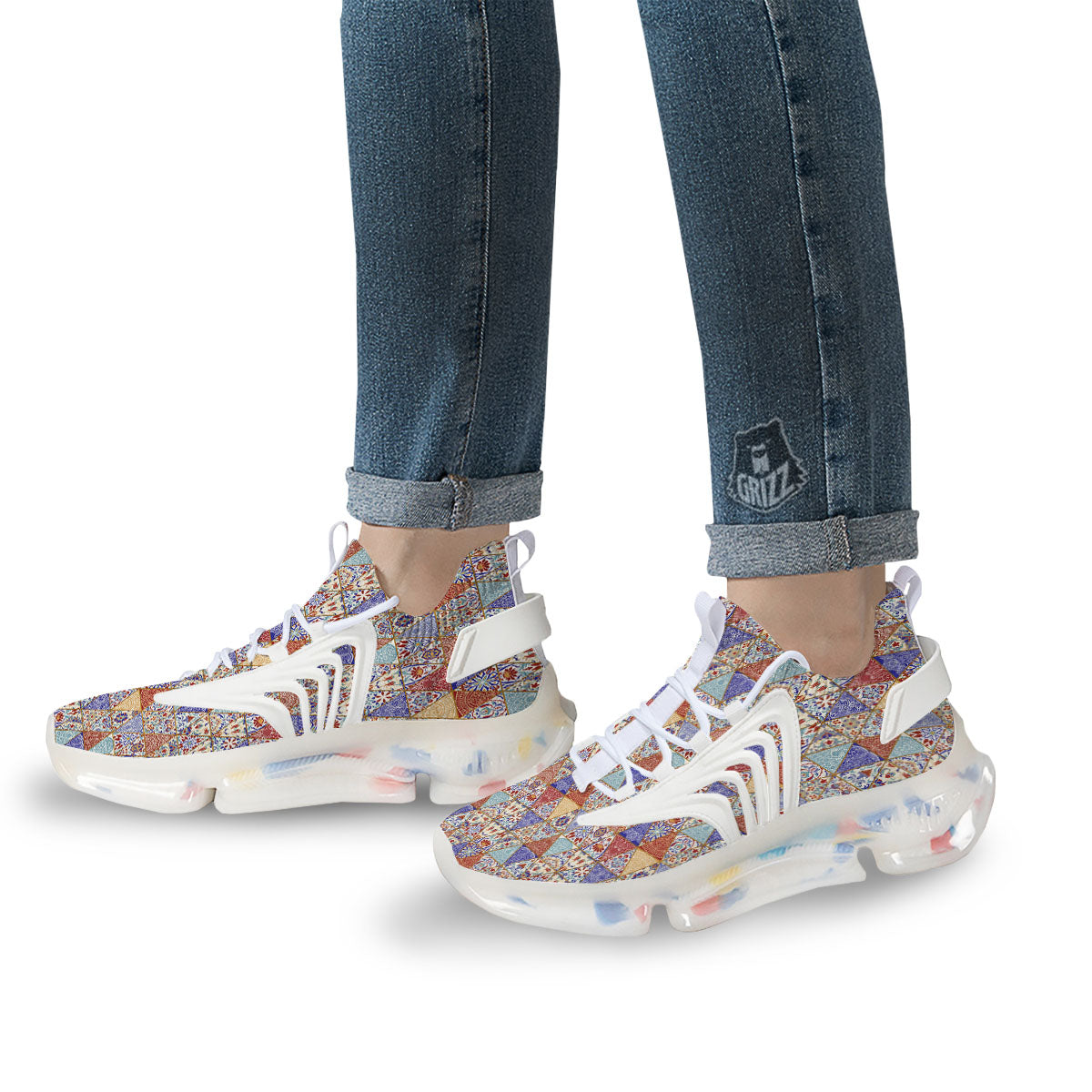 Patchwork Boho Mandala Print Pattern White Gym Shoes-grizzshop