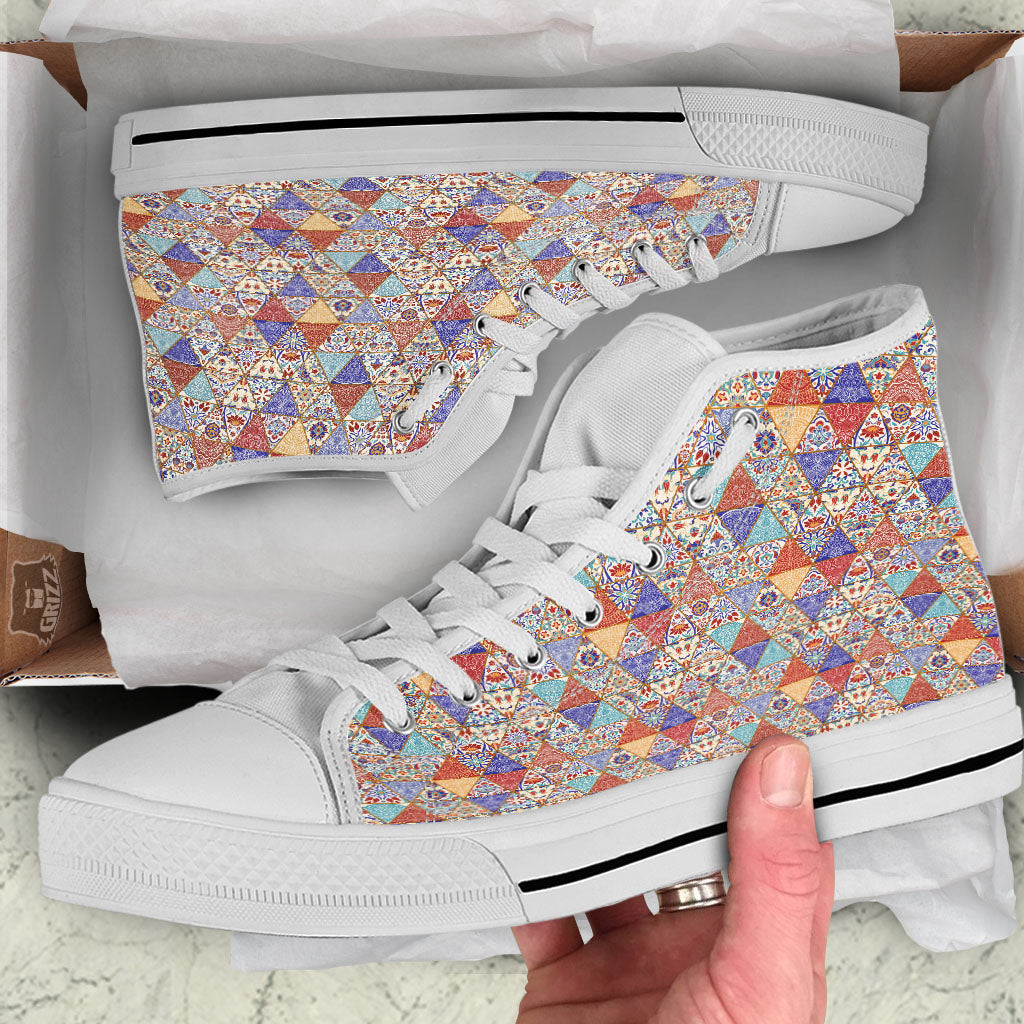 Patchwork Boho Mandala Print Pattern White High Top Shoes-grizzshop