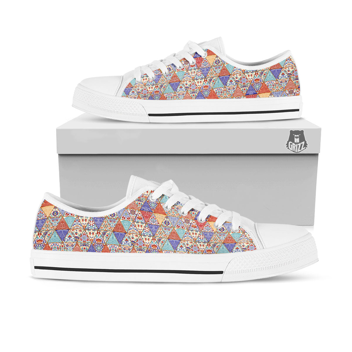Patchwork Boho Mandala Print Pattern White Low Top Shoes-grizzshop