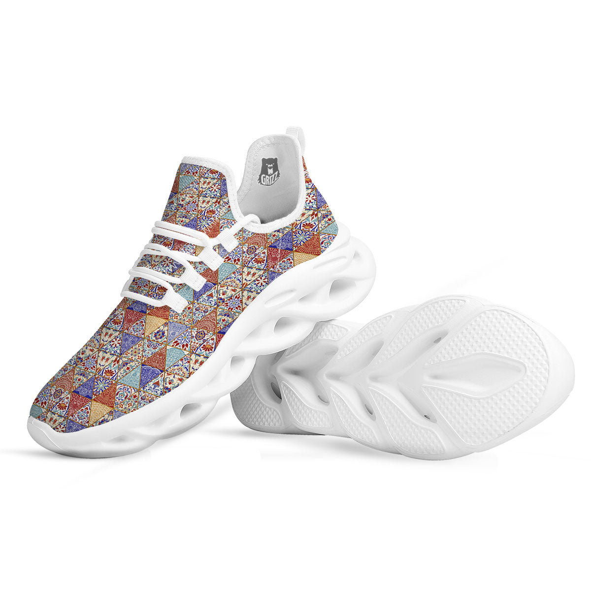 Patchwork Boho Mandala Print Pattern White Running Shoes-grizzshop